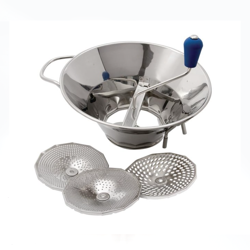 Mouli Omac 330mm Stainless Steel Food Mill with 3 Discs - Perfect for Pureeing Vegetables, Fruits, and Making Baby Food at Home