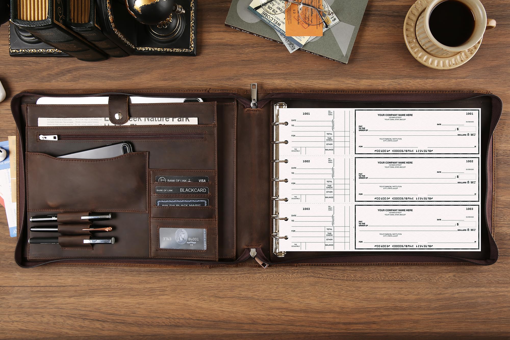 Premium Leather Business Checkbook Binder - 7-Ring Zippered Organizer with Checkbook Holder for 3 Per Page Checks, 600 Checks Capacity for 9x13 Inch Sheets, Dark Khaki - Ideal for Office, Accounting & Financial Management