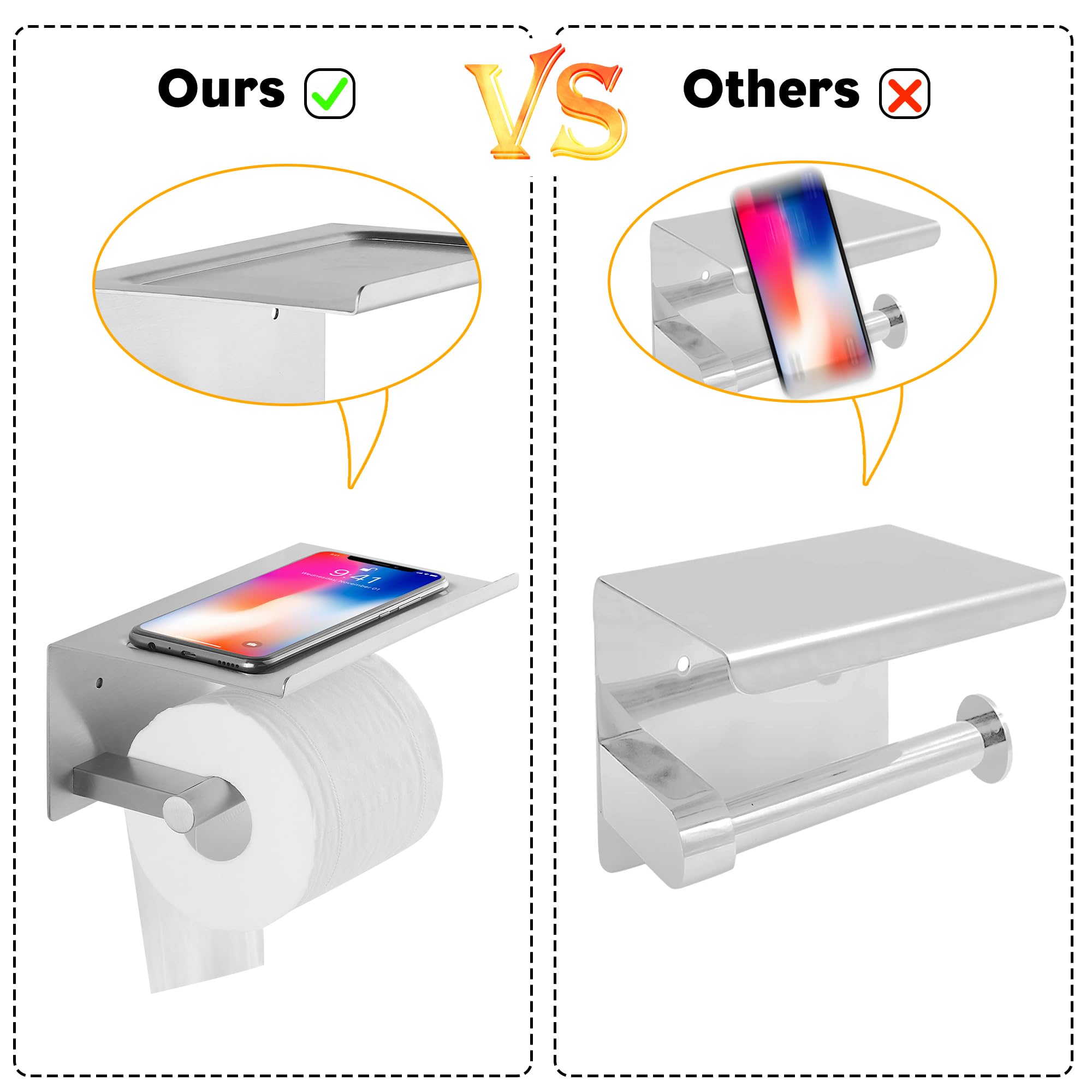 Wall Mounted Toilet Paper Holder with Shelf - Brushed Stainless Steel Bathroom Tissue Roll Holder with Phone Storage | Adhesive & Screw Mounting for Bathroom, Kitchen, RV & Dorm Use