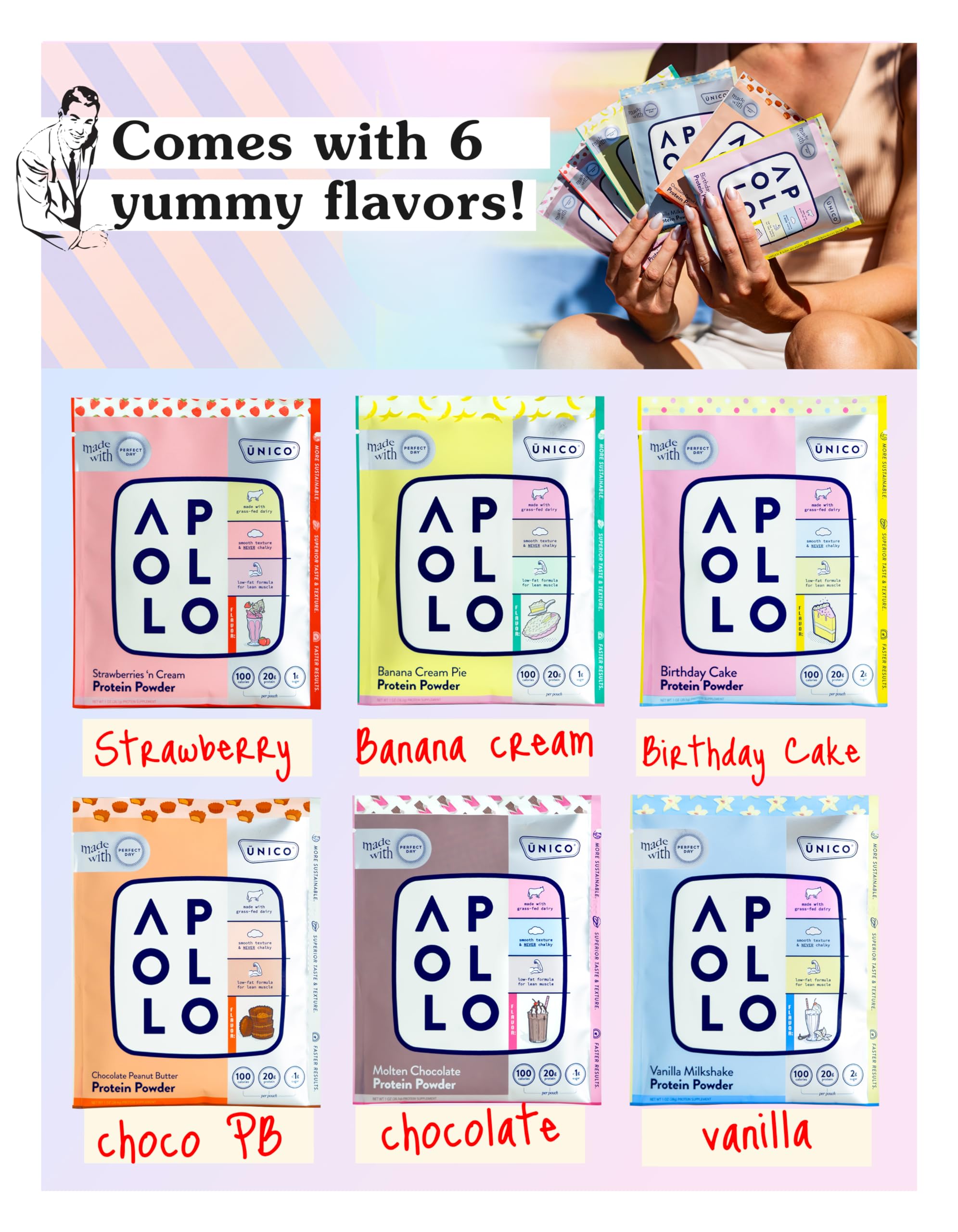 Unico Apollo Protein Powder Sample Pack - 6 Delicious Flavors in Single-Serve Pouches | Grass-Fed Whey, Casein & Egg White Protein Blend | Smooth Non-Chalky Texture | Perfect for Gym, Workout Recovery & Healthy Snacking