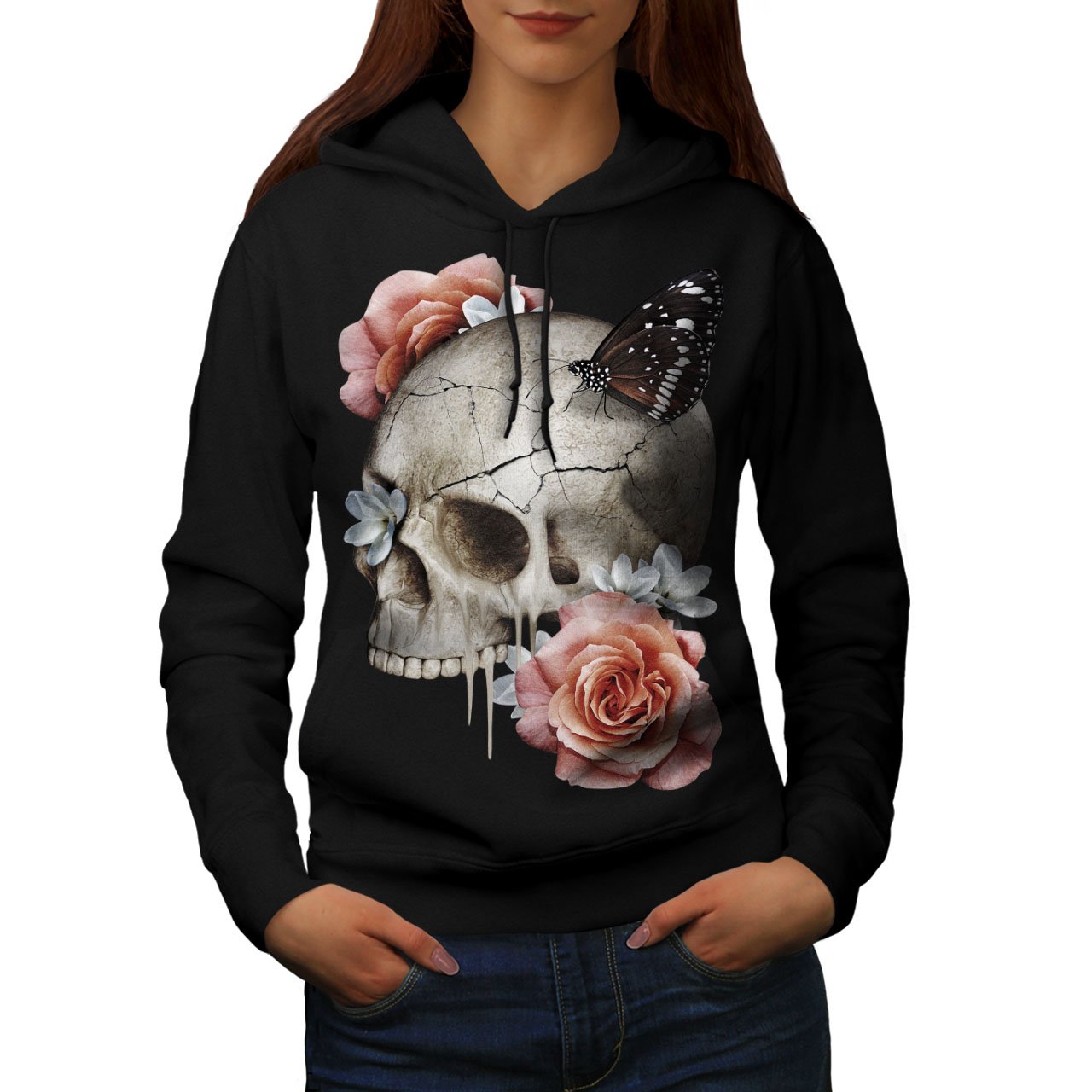 Wellcoda Women's Skull Rose Hoodie - Gothic Floral Print Sweatshirt for Concerts, Halloween, and Casual Streetwear