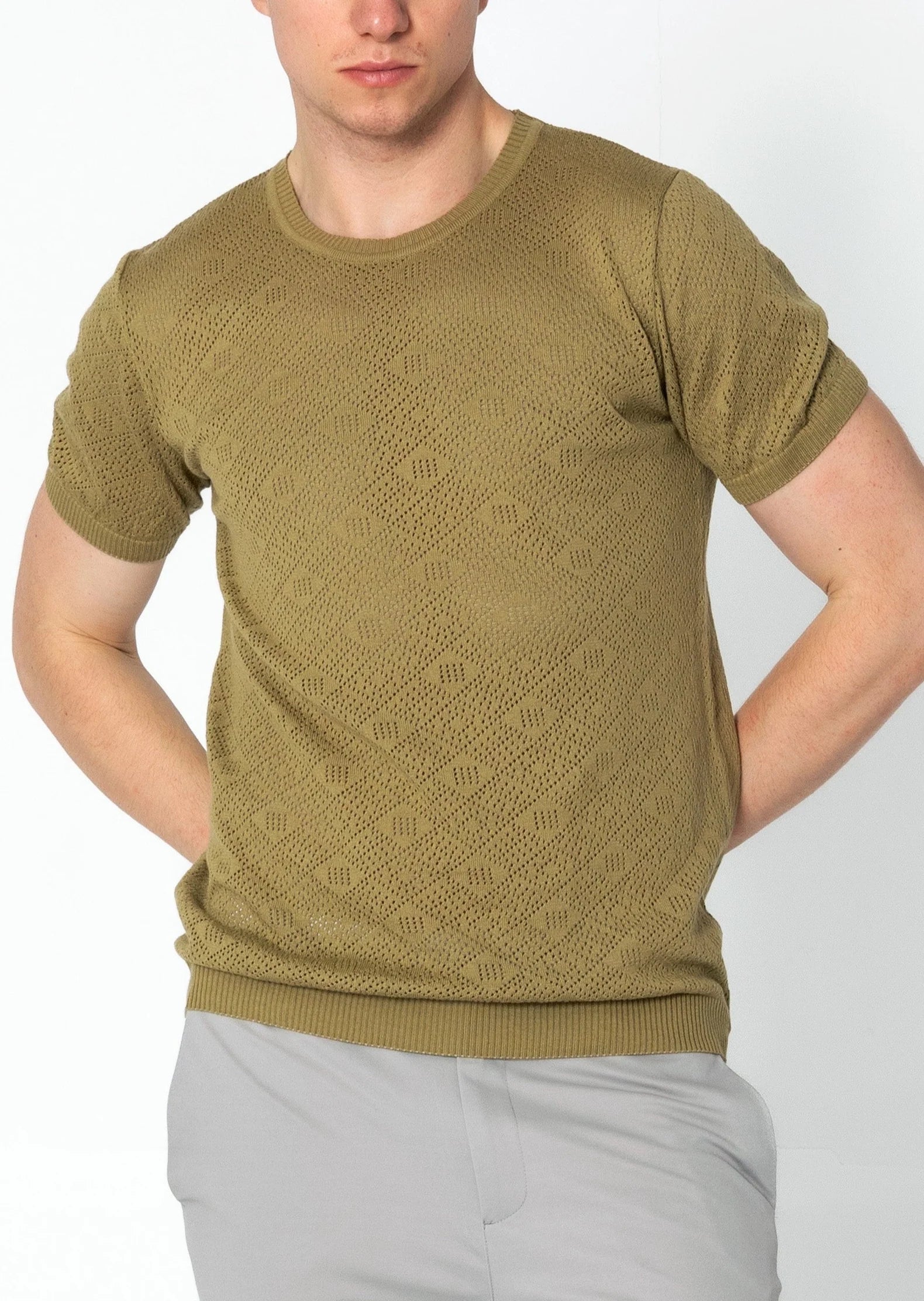 RNT23 Geometric Crochet T-Shirt for Women - Stylish Green Summer Top for Casual Outings & Beach Wear