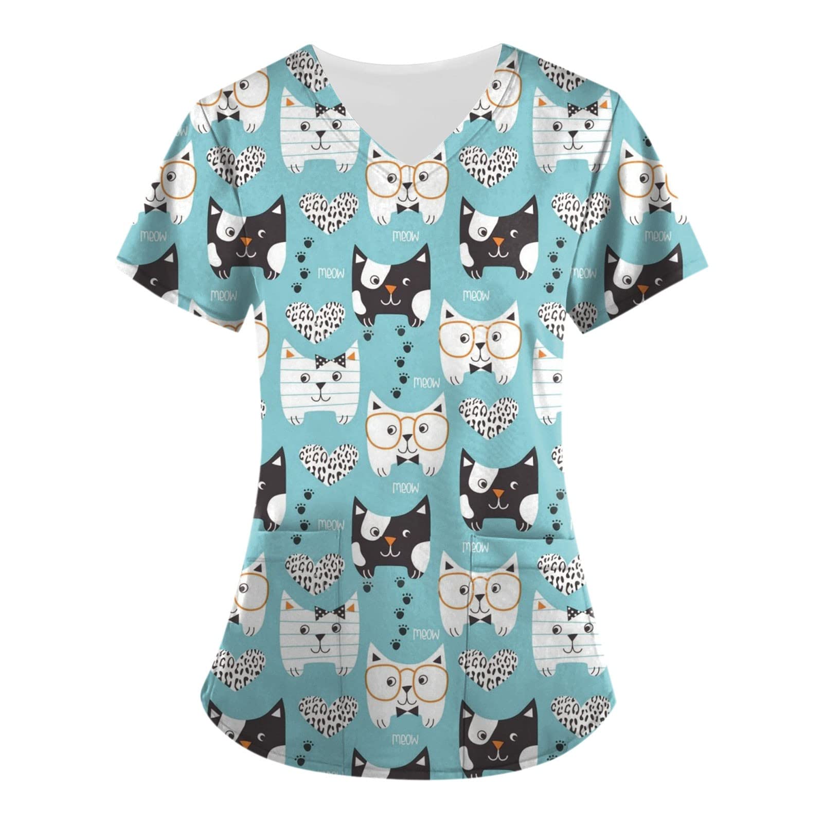Women's Cute Animal Print Short Sleeve V-Neck Scrub Top - Breathable Nursing Uniform with Pockets for Healthcare Workers | Comfortable Workwear for Nurses, Doctors & Medical Professionals