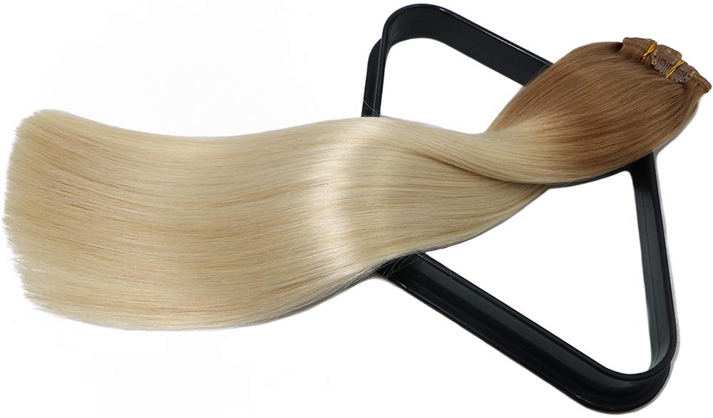 Aison 22 Inch Clip-in Human Hair Extensions - 7pcs 120g Golden Brown to Platinum Blonde Ombre Straight Wefts for Long Thick Hair | Perfect for Parties, Weddings & Daily Styling