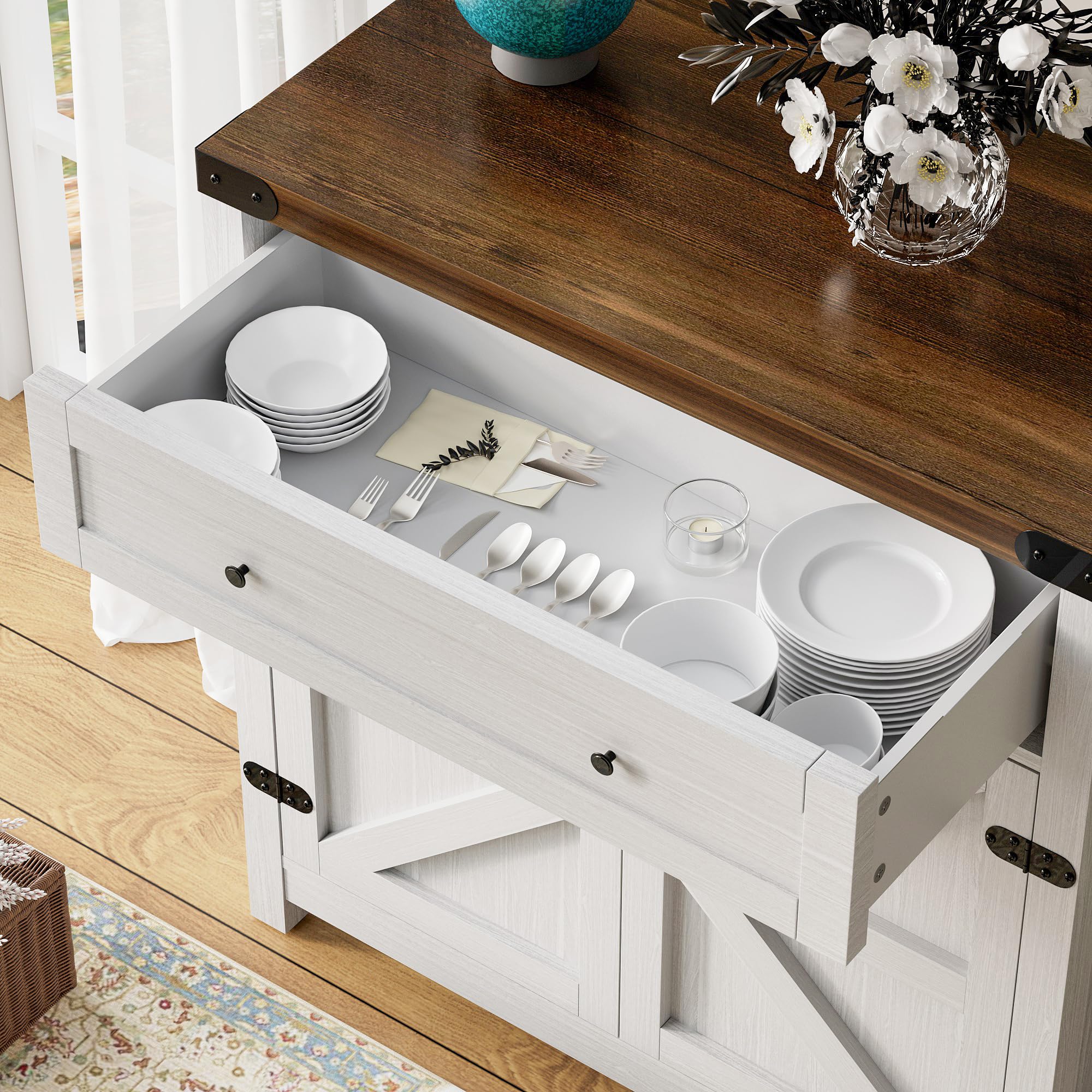 Farmhouse Style Sideboard Buffet Cabinet with Storage - White Coffee Bar Cabinet with 1 Drawer & 2 Barn Doors, Rustic Console Table for Kitchen, Dining Room, Entryway | Perfect for Home Decor, Entertaining & Small Space Storage Solutions