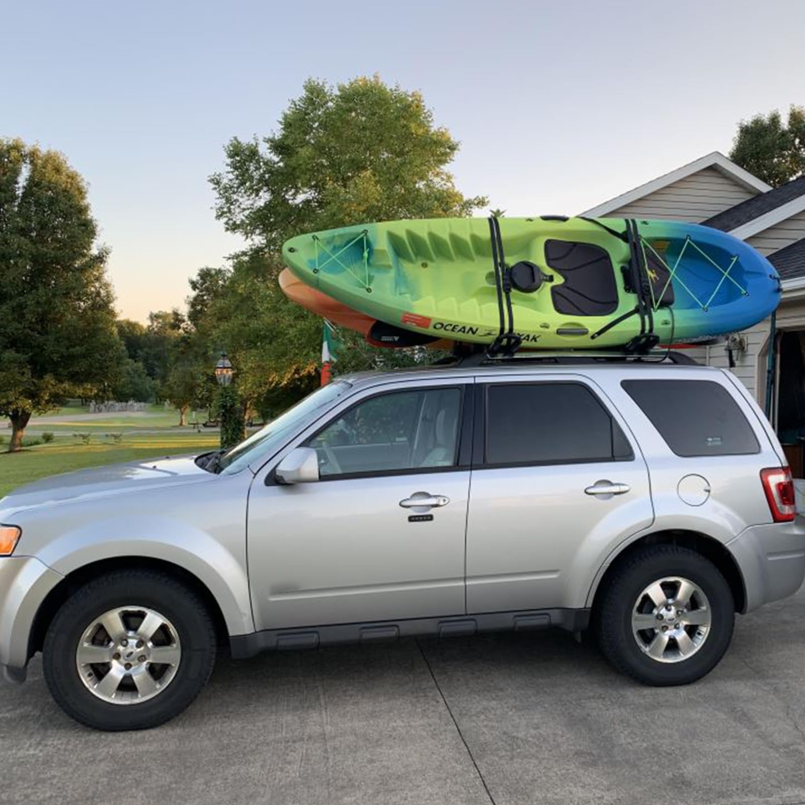 2 in 1 Folding Kayak Rack J Bar - Universal Car Roof Rack for Canoe, Surfboard & SUP - Heavy Duty SUV/Truck Crossbar Mount with 4 Tie Down Straps - Perfect for Outdoor Water Sports & Beach Adventures