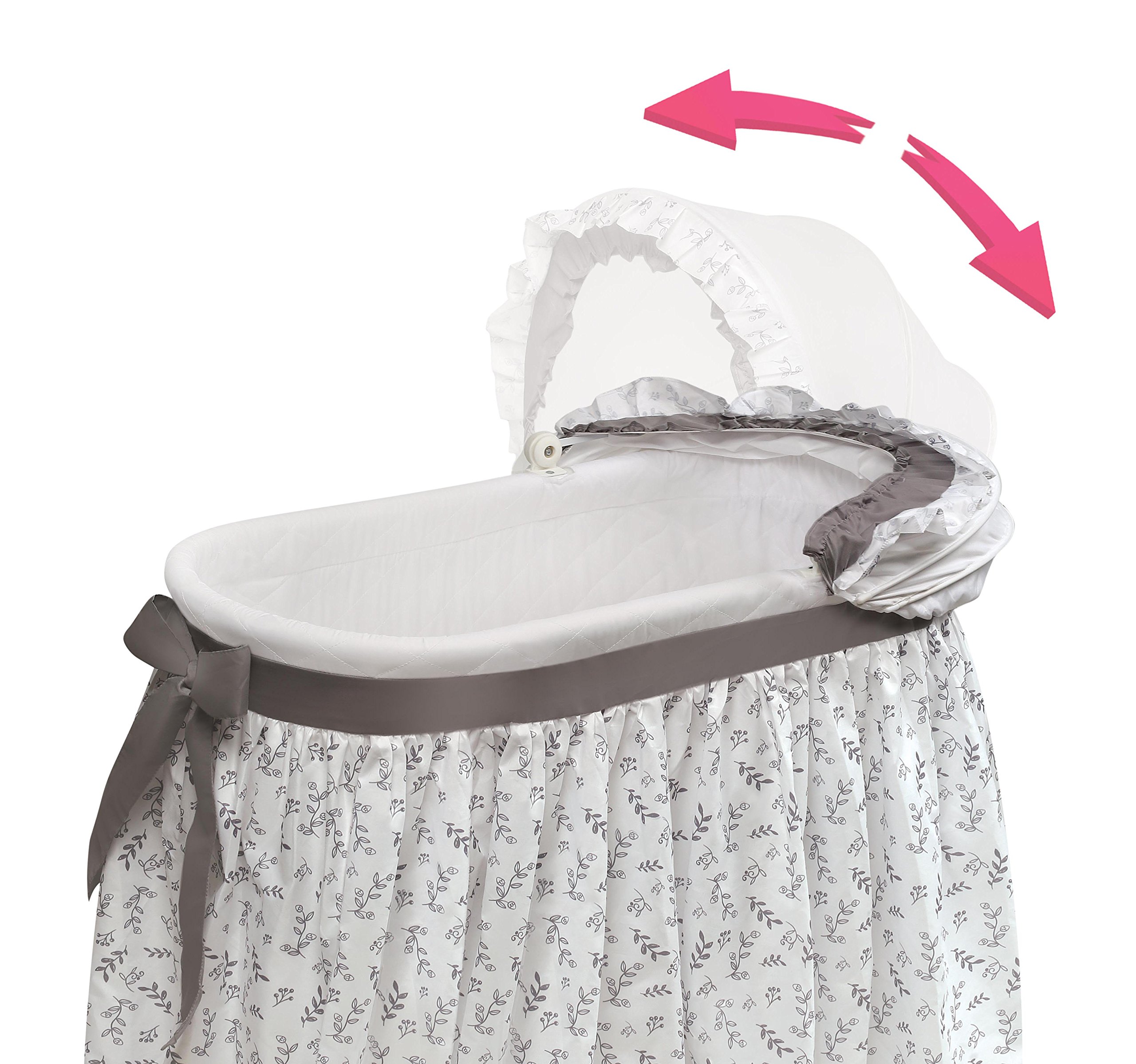 Badger Basket Wishes Rocking Baby Bassinet - Heirloom Quality Bedside Sleeper with Soft Bedding, Comfortable Pad & Storage Basket - Gray/Leaf Design - Perfect for Nursery, Bedroom & Travel Use