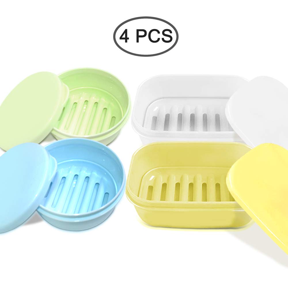 4 Pack Waterproof Soap Holder with Drain Holes | Self-Draining Soap Saver Case for Bathroom, Travel & Camping | Portable Soap Dish Tray in Yellow, White, Blue & Green Colors