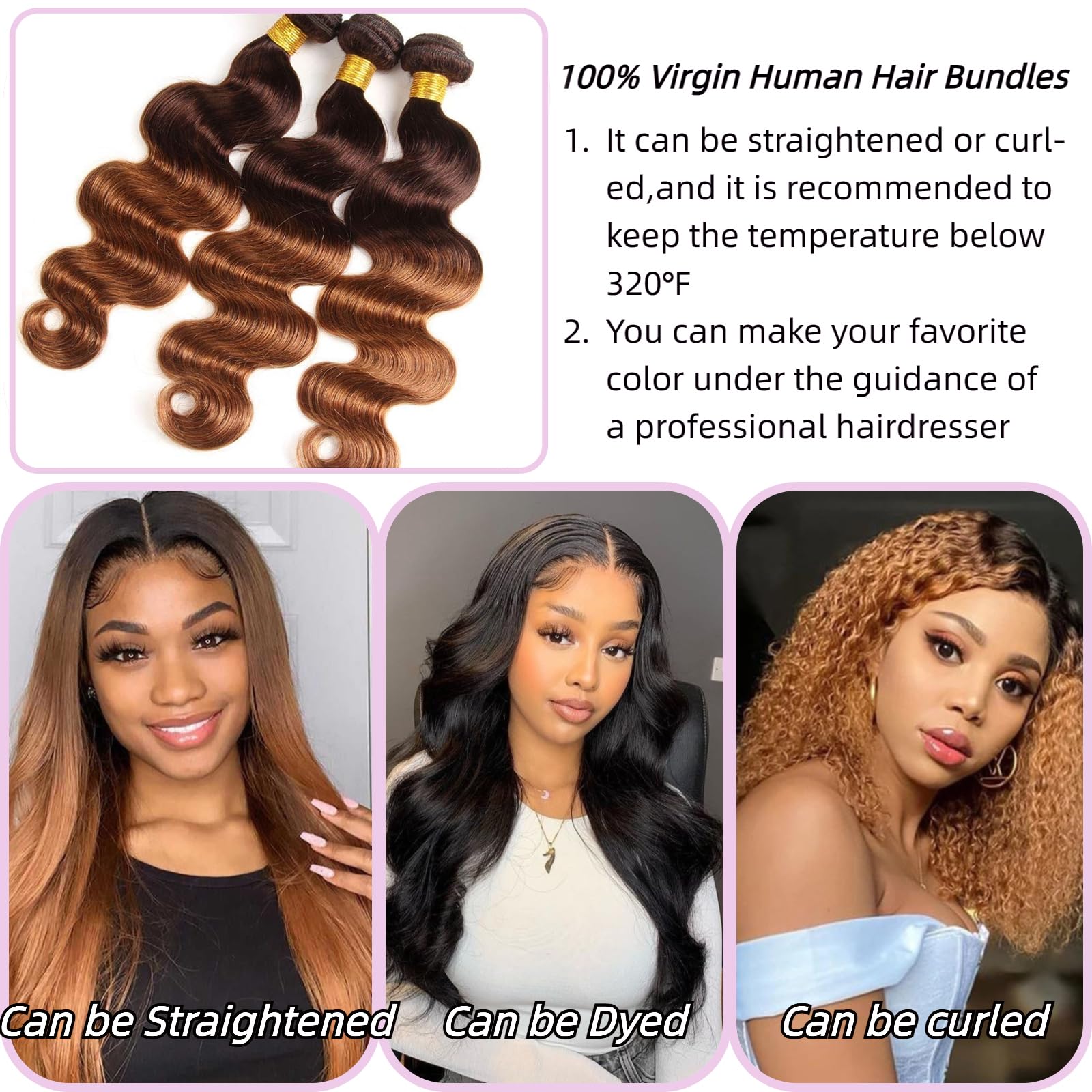 100% Unprocessed Brazilian Body Wave Human Hair Bundles - 3-Pack T4/30 Medium Brown/Medium Auburn Ombre (24