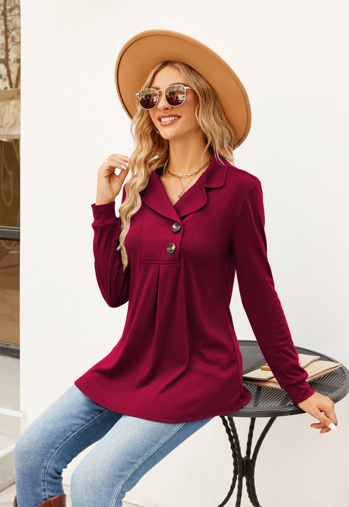 Newchoice Women's Long Sleeve Tunic Tops for Leggings - Casual Notch Collar Button Front Pullover Sweatshirt Shirt - Perfect for Work, Yoga & Everyday Wear
