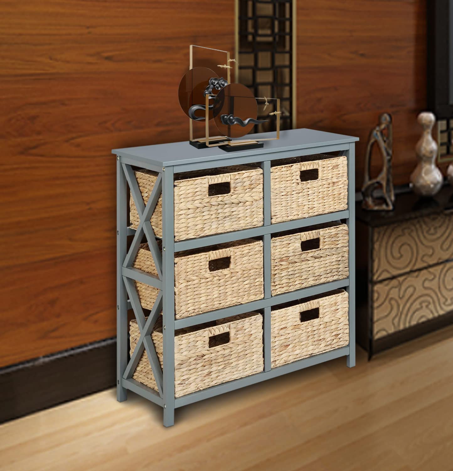 eHemco 3-Tier X-Side End Storage Cabinet with 6 Wicker Baskets, Gray - Perfect for Bedroom, Bathroom, and Living Room Organization