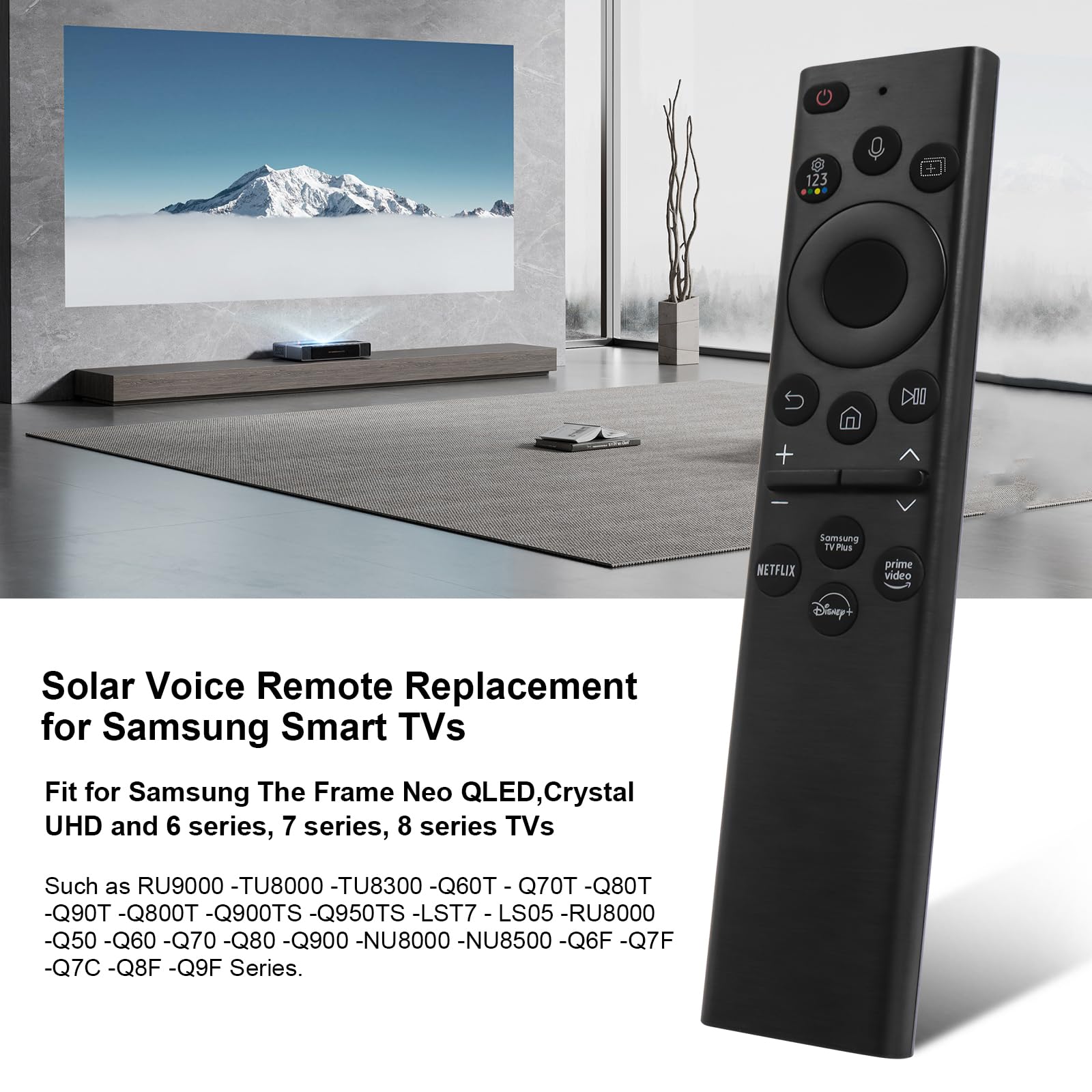 Solar-Powered Bluetooth Voice Remote for Samsung Smart TVs - BN59-01385A Replacement with Rechargeable Battery - Compatible with Frame, Neo, LED, Ultra HD TVs - Perfect for Home Entertainment & Smart TV Control