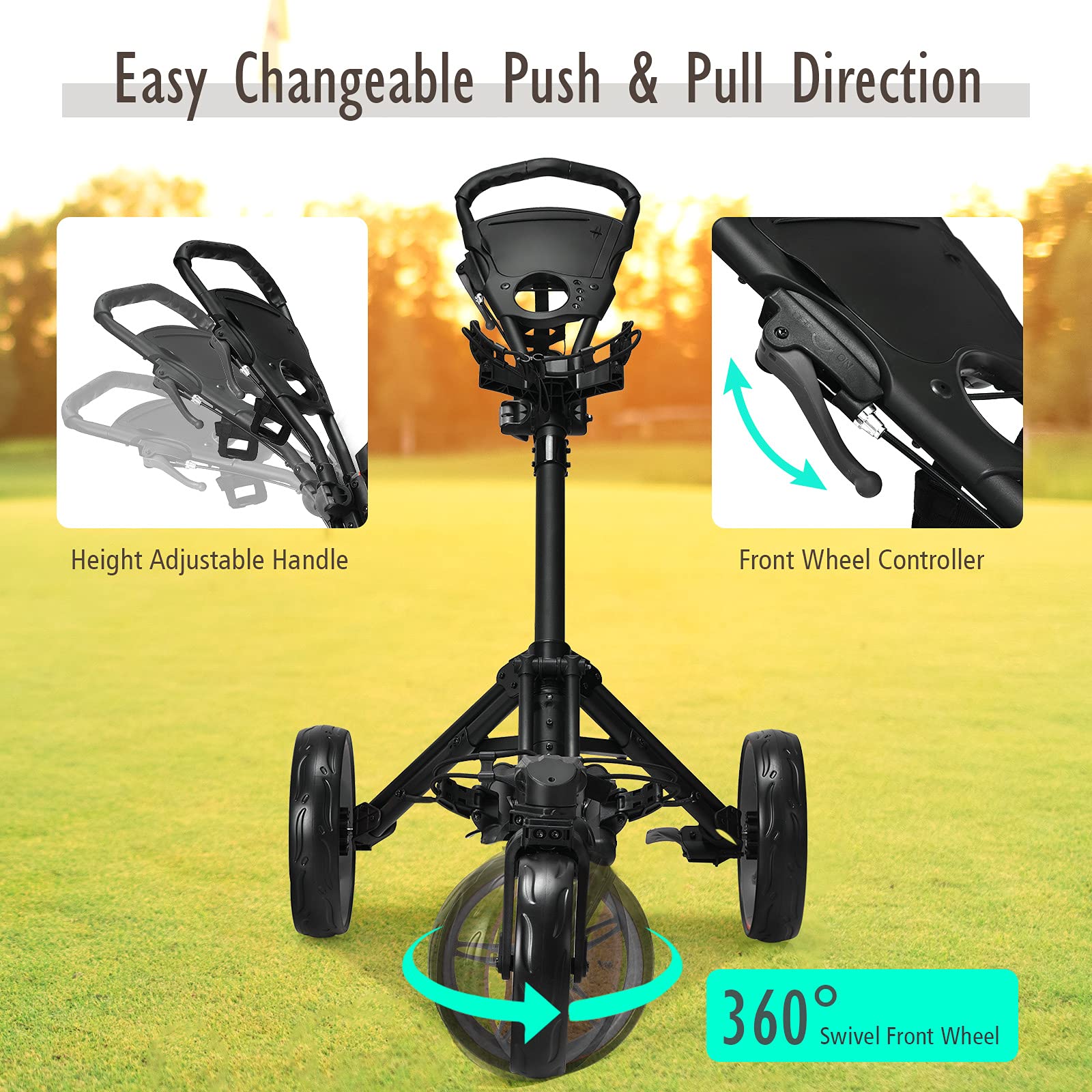 3-Wheel Professional Golf Push Cart - Foldable Walking Golf Cart with Universal Front Wheel & Adjustable Handle | Lightweight Portable Golf Trolley for Caddy & Clubs | Includes Scoreboard | Perfect for Golf Courses, Driving Ranges & Outdoor Practice
