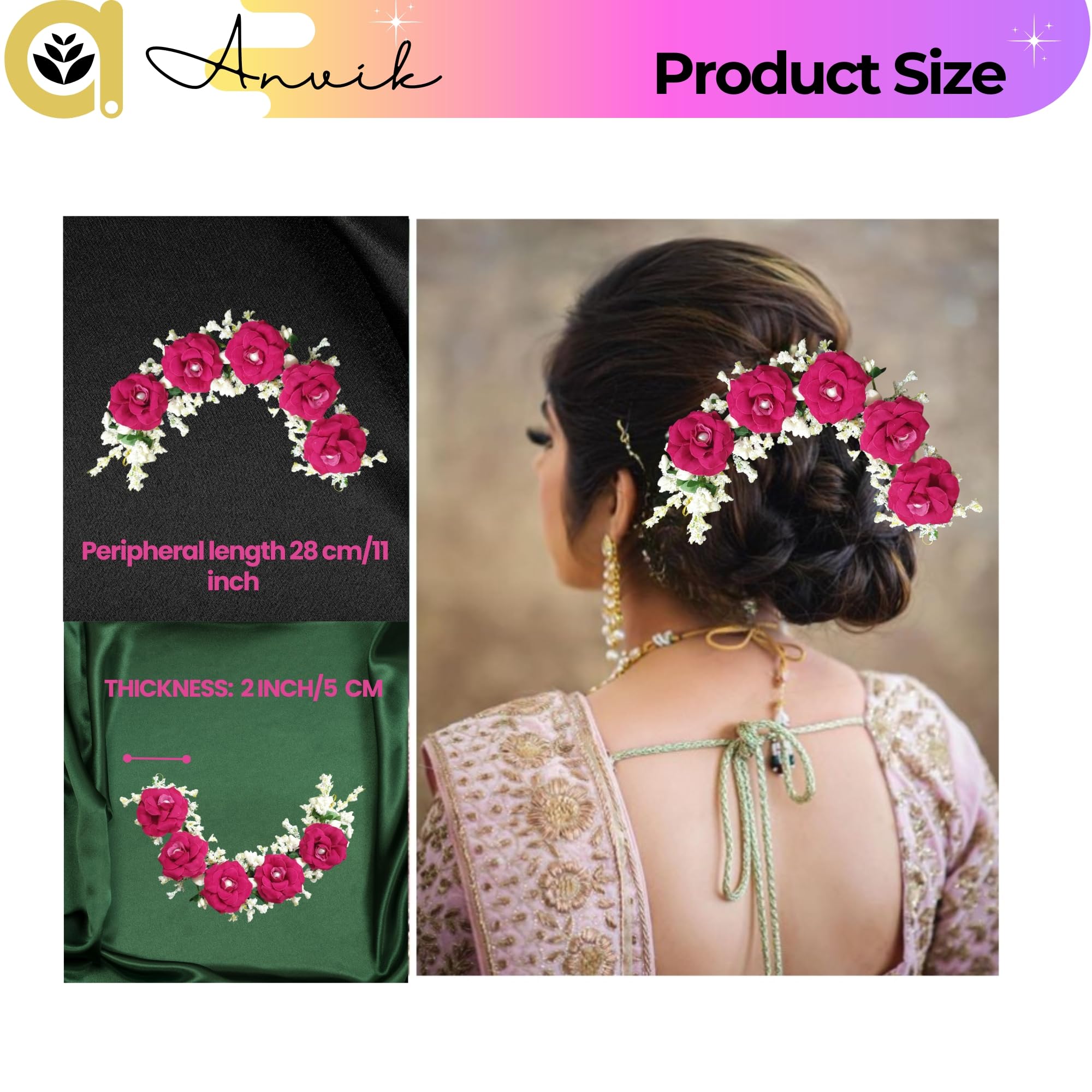 ANVIK Artificial Rose Flower Hair Bun Gajra - Bridal Wedding Hair Accessory for Women (Rani Pink) | Perfect for Bridal Parties, Weddings, and Special Occasions