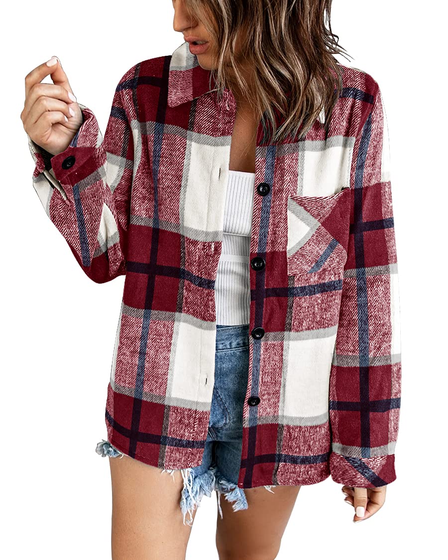 Imily Bela Women's Plaid Long Sleeve Button Down Shacket Jacket - Casual Wool Blend Tops for Fall & Winter - Perfect for Office, Date Night and Outdoor Activities