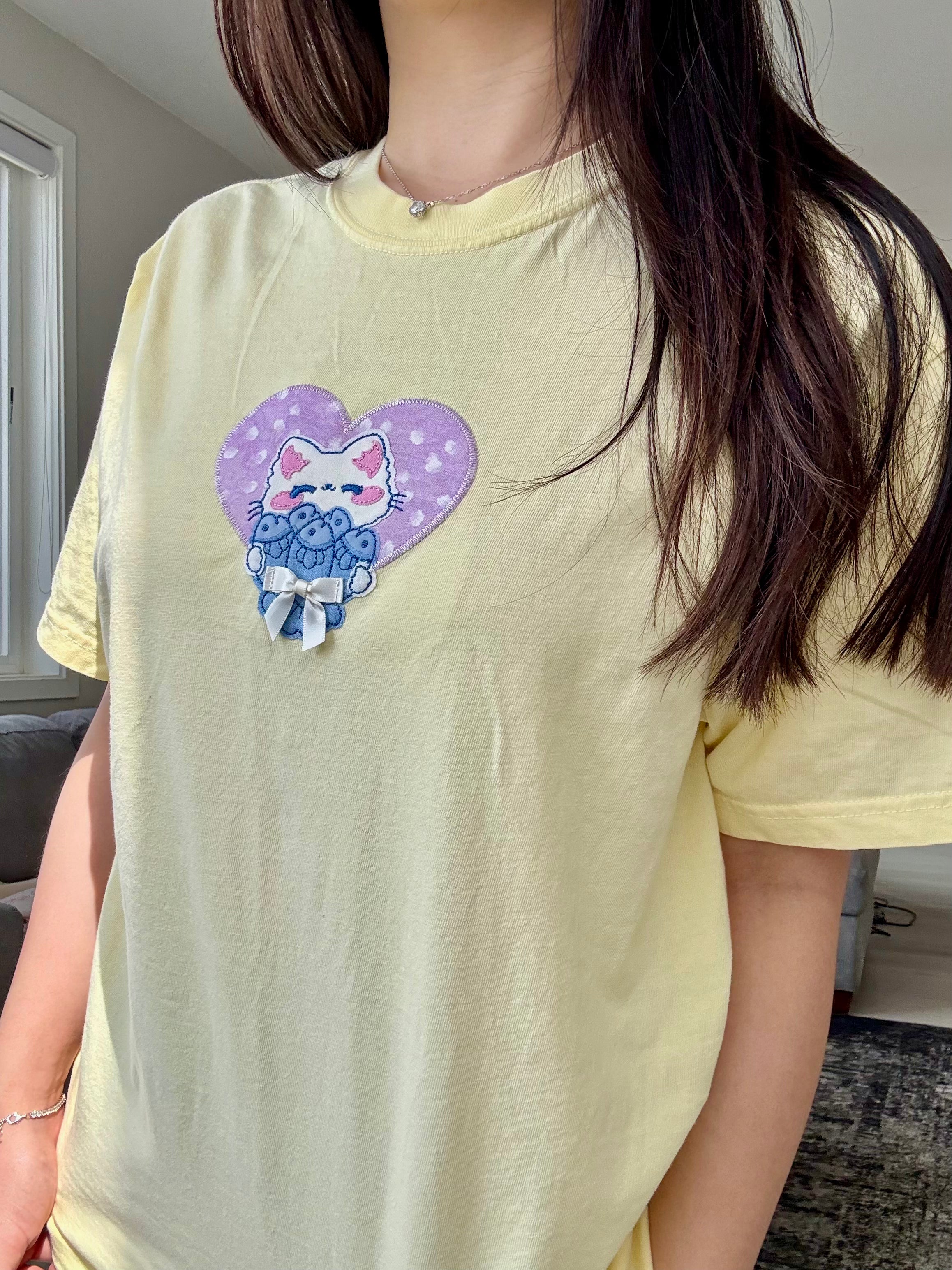 Embroidered Cat Patchwork T-Shirt | Soft Pastel Yellow Summer Tee for Women | Cute Casual Top for Outings, Dates & Cat Lovers