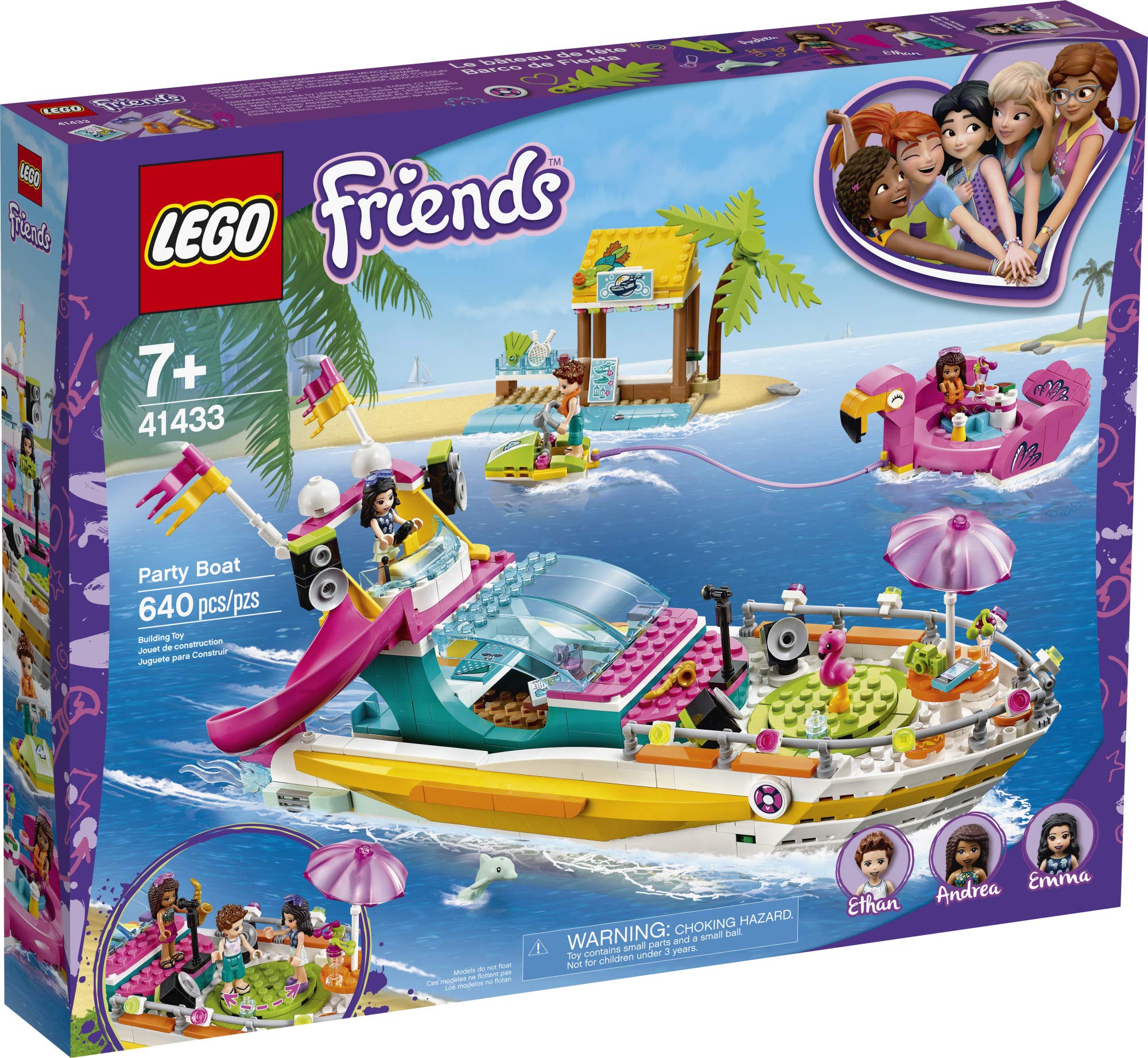 LEGO Friends Party Boat 41433 Building Toy Set with Emma, Andrea & Ethan Mini-Dolls - 640 Pieces, Beach Store & Flamingo Boat - Creative Summer Gift for Kids Ages 6+ | Perfect for Birthday Parties, Pool Play & Imaginative Adventures
