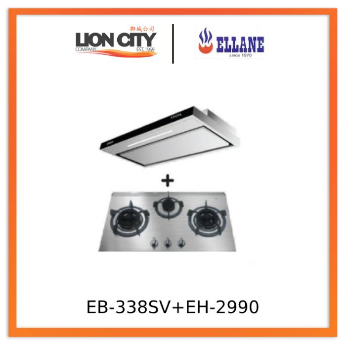 Ellane EH 2990 90cm Stainless Steel Slimline Range Hood + Ellane EB 338SV 76cm 3 Burner Gas Cooktop - Modern Kitchen Ventilation & Cooking Solution for Home Chefs