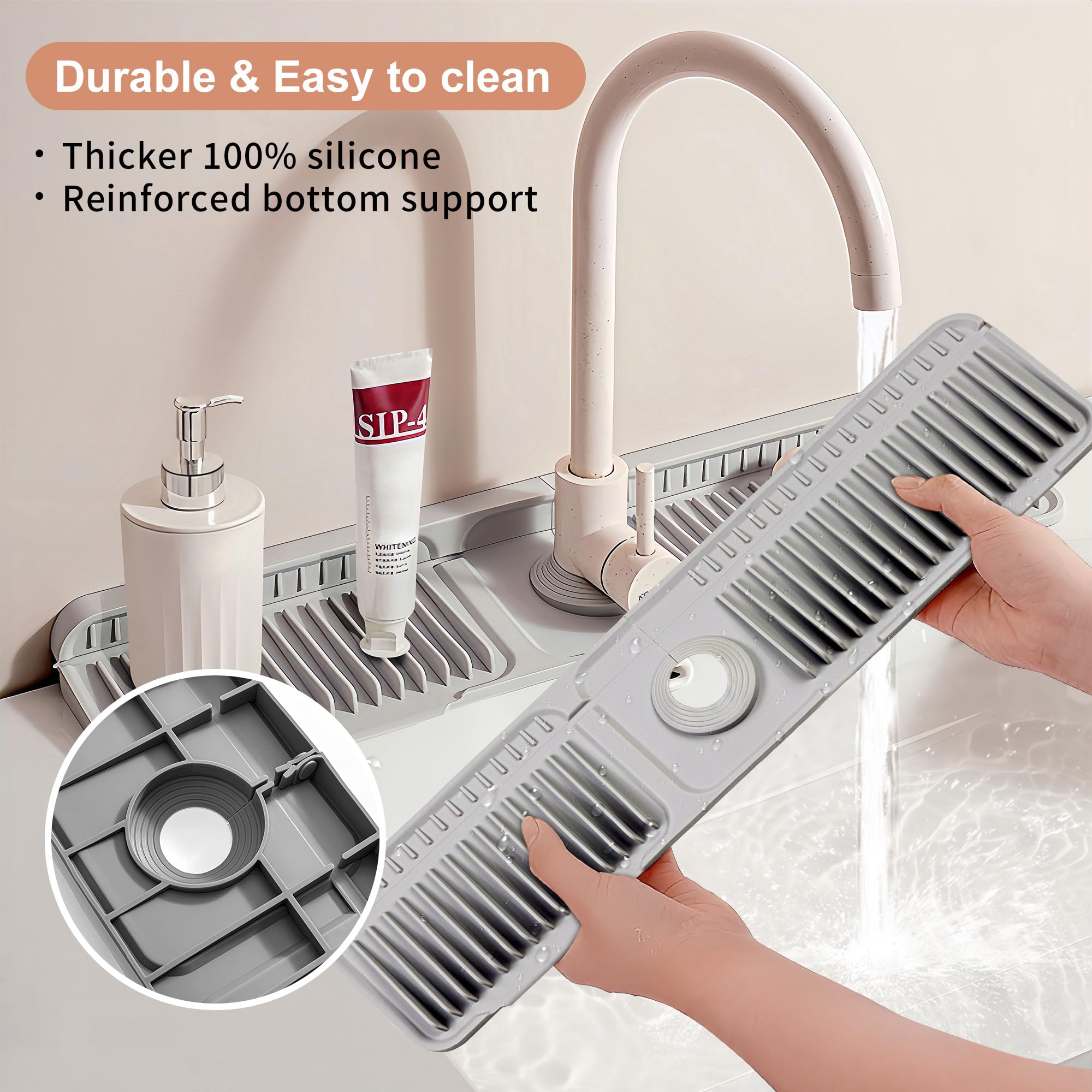 24 Inch Silicone Faucet Mat for Kitchen Sink - Non-Slip 6° Slope Design with Fasten Buttons, Quick-Dry Splash Guard Water Catcher Behind Faucet, RV & Bathroom Safe (Gray) - Perfect for Kitchen Countertops, Sink Areas, and Mobile Homes