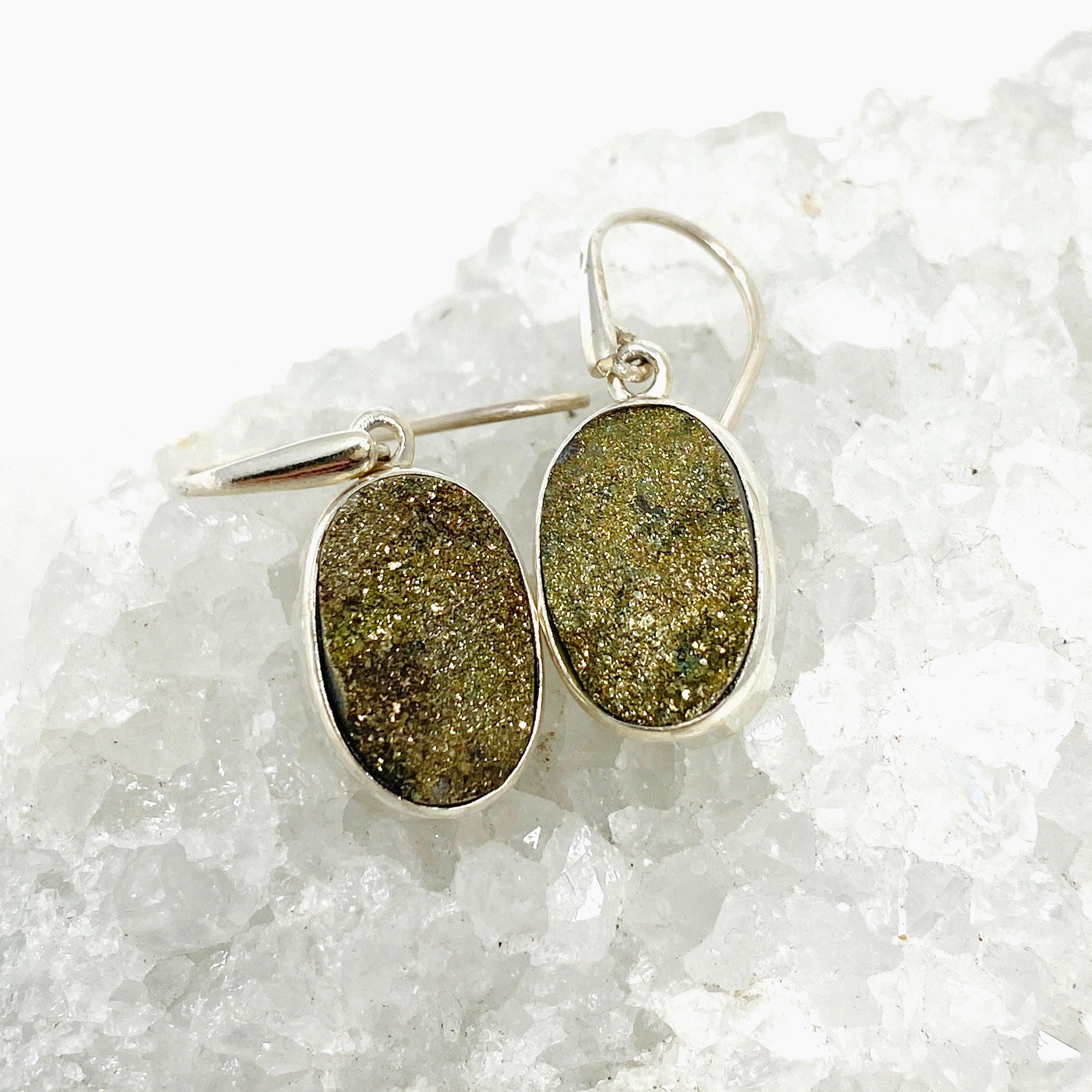 Druzy Pyrite Oval Earrings for Women - 14K Gold Plated Dangle Earrings - Elegant Boho Jewelry for Party, Wedding & Everyday Wear