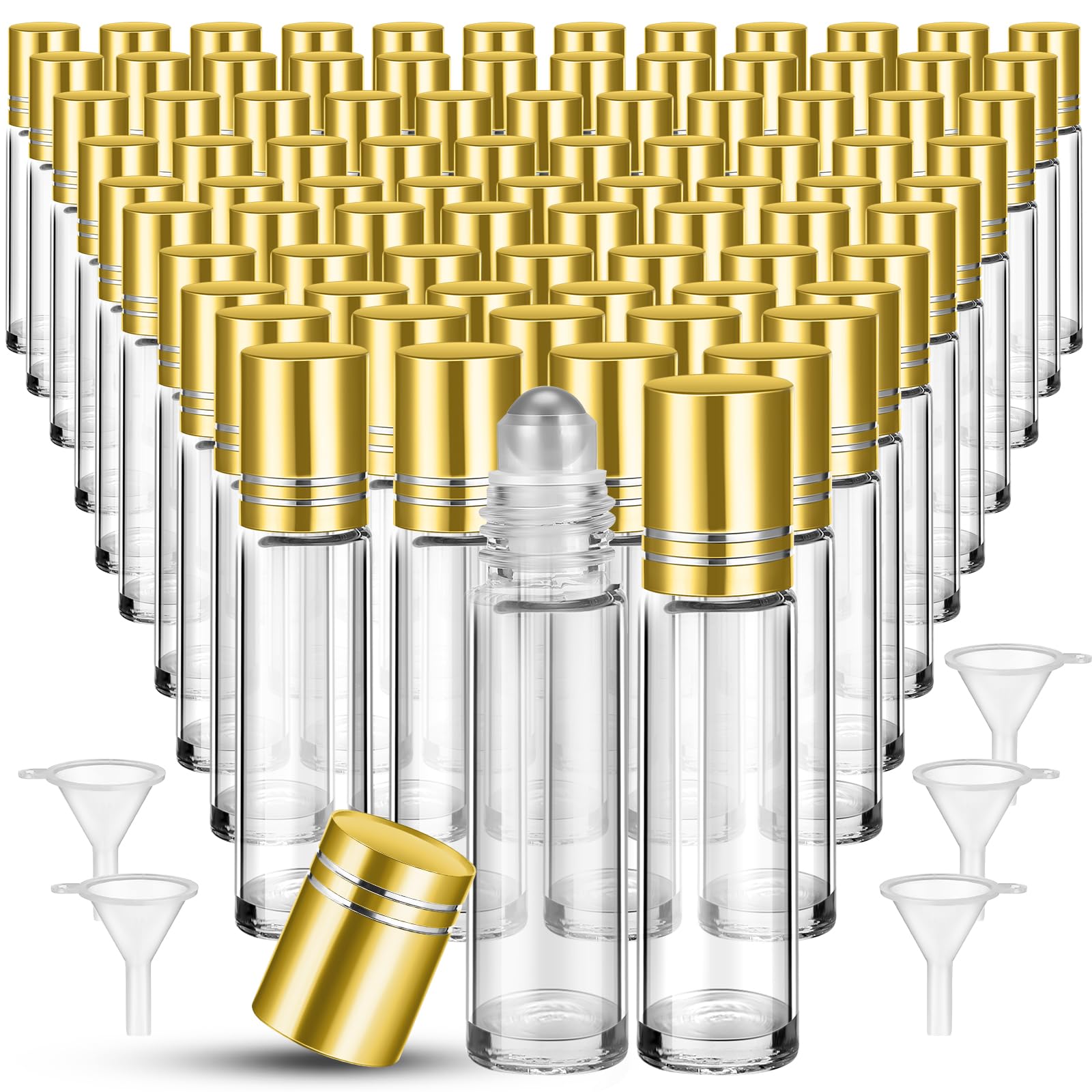 96 Pcs 10ml Empty Glass Essential Oil Roller Bottles with Stainless Steel Balls - Leakproof Travel Bottles with 5 Funnels for DIY Perfume, Aromatherapy, Lip Gloss (Clear with Gold Lid) - Perfect for Home Spa, Yoga, Meditation & Gift Giving