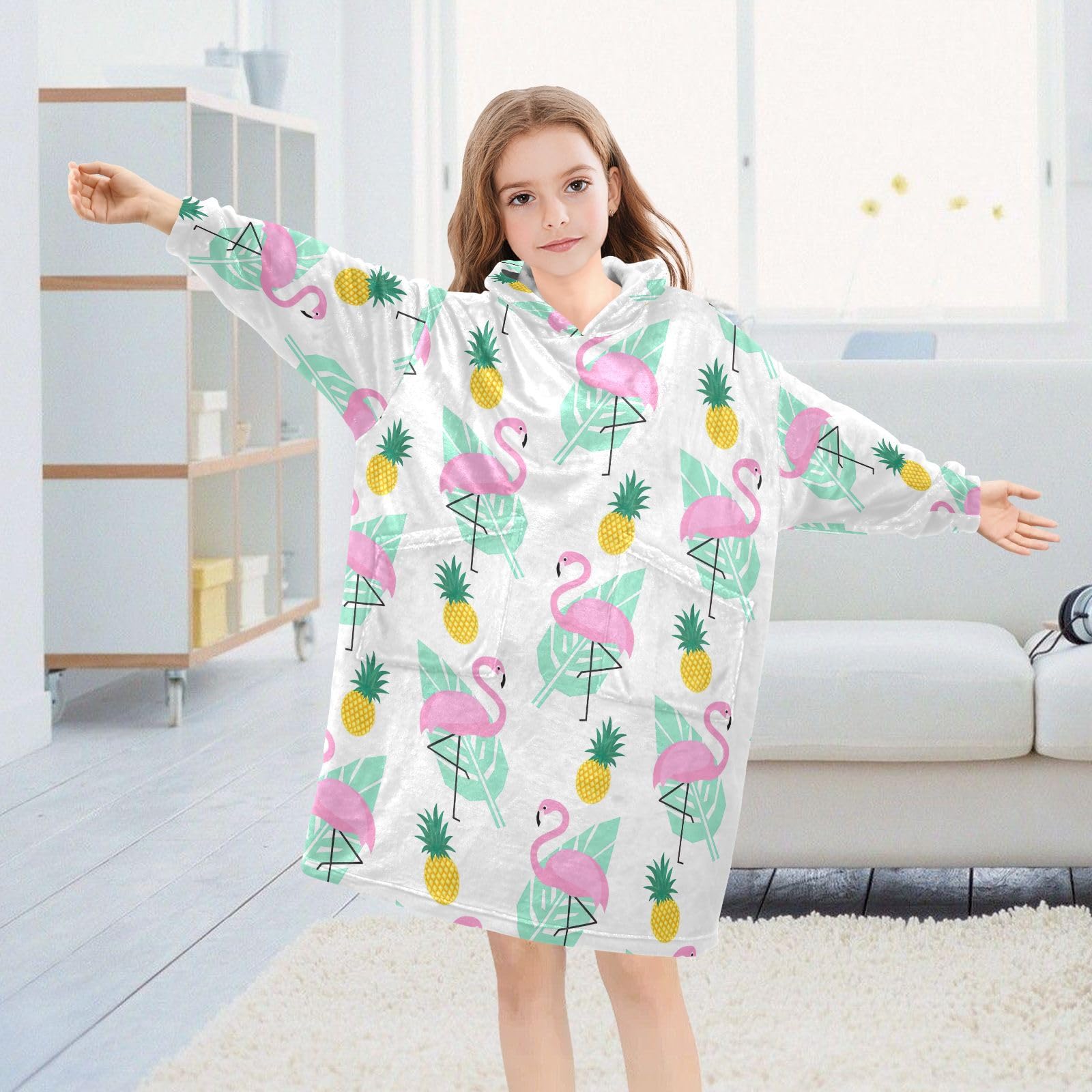 Pink Flamingo Tropical Leaf Kids Wearable Blanket Hoodie - Oversized Fleece Sweatshirt for Boys & Girls | Cozy Lounge Wear for Sleepovers, Movie Nights & Camping