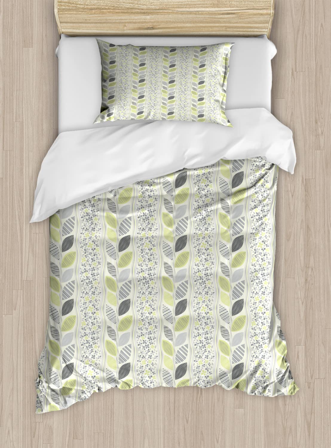 Ambesonne Abstract Duvet Cover Set - Wavy Vertical Stripes with Sketched Leaves & Flowers | 2-Pack King Size Bedding Set (2 Duvet Covers + 4 Pillowcases) | Green Grey Modern Design | Perfect for Master Bedroom, Guest Room & Luxury Hotel Decor