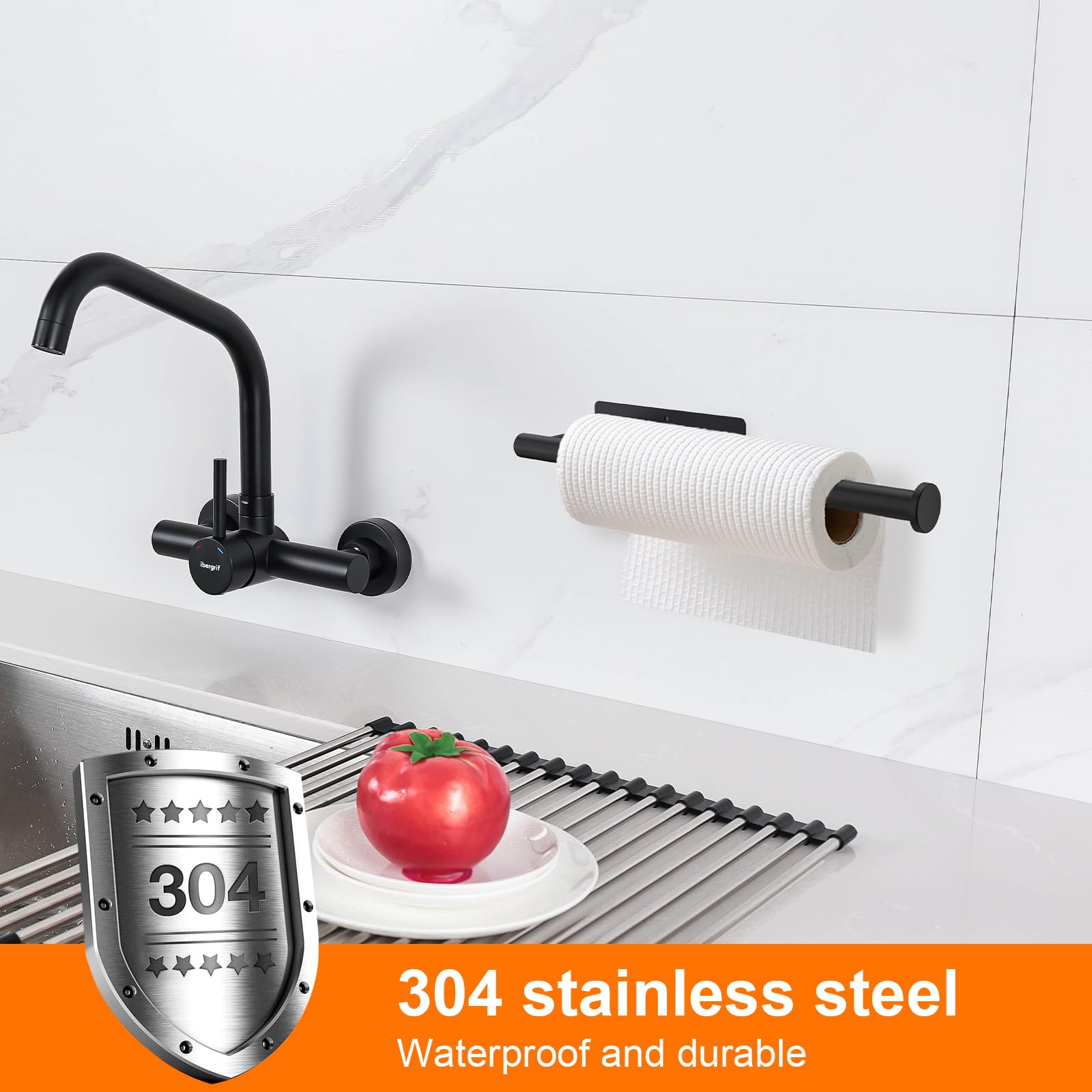 Ibergrif M34055B Black Under Cabinet Paper Towel Holder - Self Adhesive Kitchen Roll Rack for Wall Mounting - Perfect for Kitchen, Bathroom & Office Organization