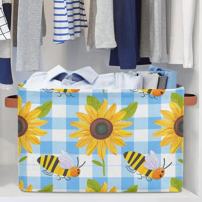 Bee Sunflower Plaid Large Storage Baskets for Shelves & Closets - 2 Pack Fabric Organizer Bins with Handles, Collapsible Decorative Baskets for Home Organization - Perfect for Clothes, Toys & Bedroom Storage