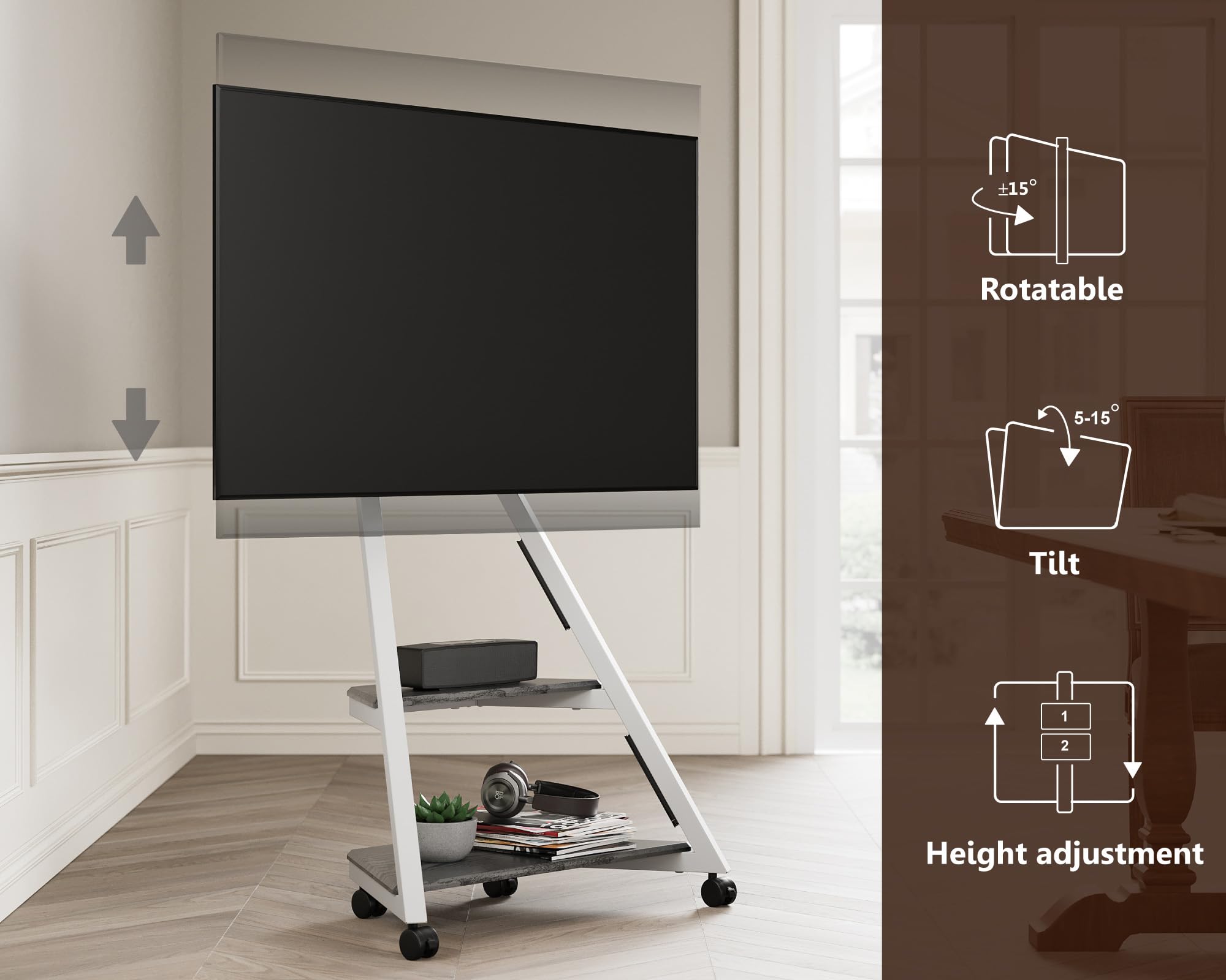 FITUEYES Corner TV Stand for 32-65 Inch Flat Screen TVs - Modern Height Adjustable Entertainment Center with Mount for LCD/LED/Curved Screens - Wooden Open Storage Shelves - Eiffel Series - Perfect for Living Room, Bedroom & Home Theater Setup
