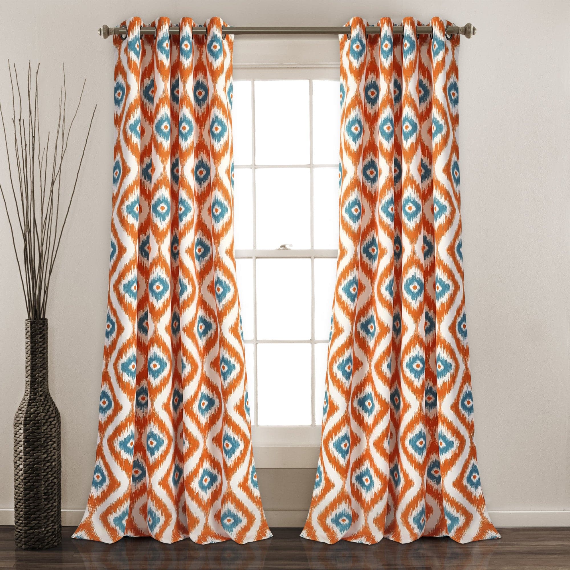 Premium Diamond Ikat Light Filtering Window Curtain Set - Elegant Sheer Drapes for Living Room & Bedroom - Soft Sunlight & Privacy Control