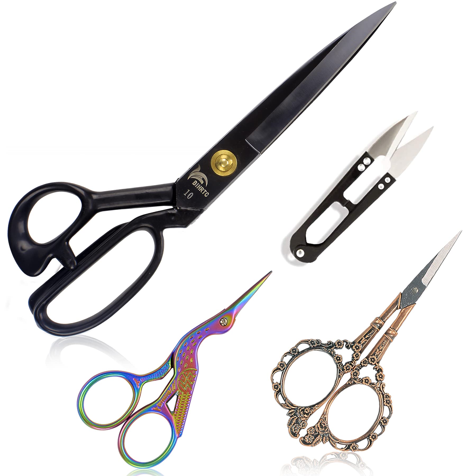 BIHRTC 10 Inch Heavy Duty Stainless Steel Fabric Scissors - Professional Sharp Sewing Shears for Leather, Tailoring, Dressmaking & Crafting - Perfect for Cutting Fabric, Vinyl, Canvas & Multiple Materials (Stork Style)