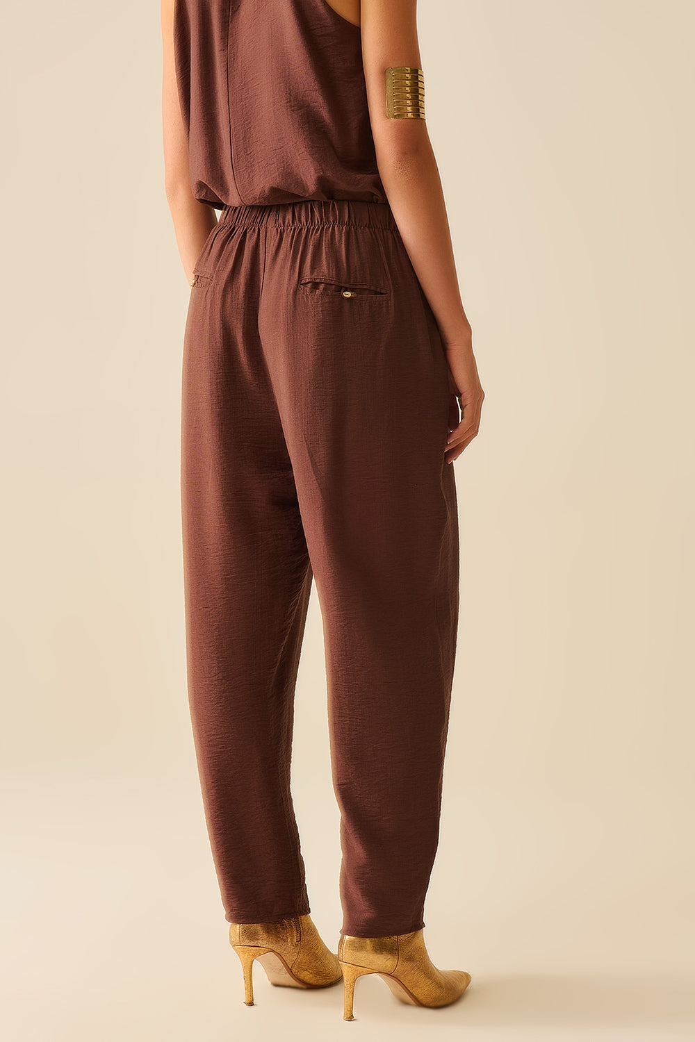 Elastic Waist Summer Pants with Pockets in Brown - Comfortable Casual Wear for Outdoor Activities and Travel