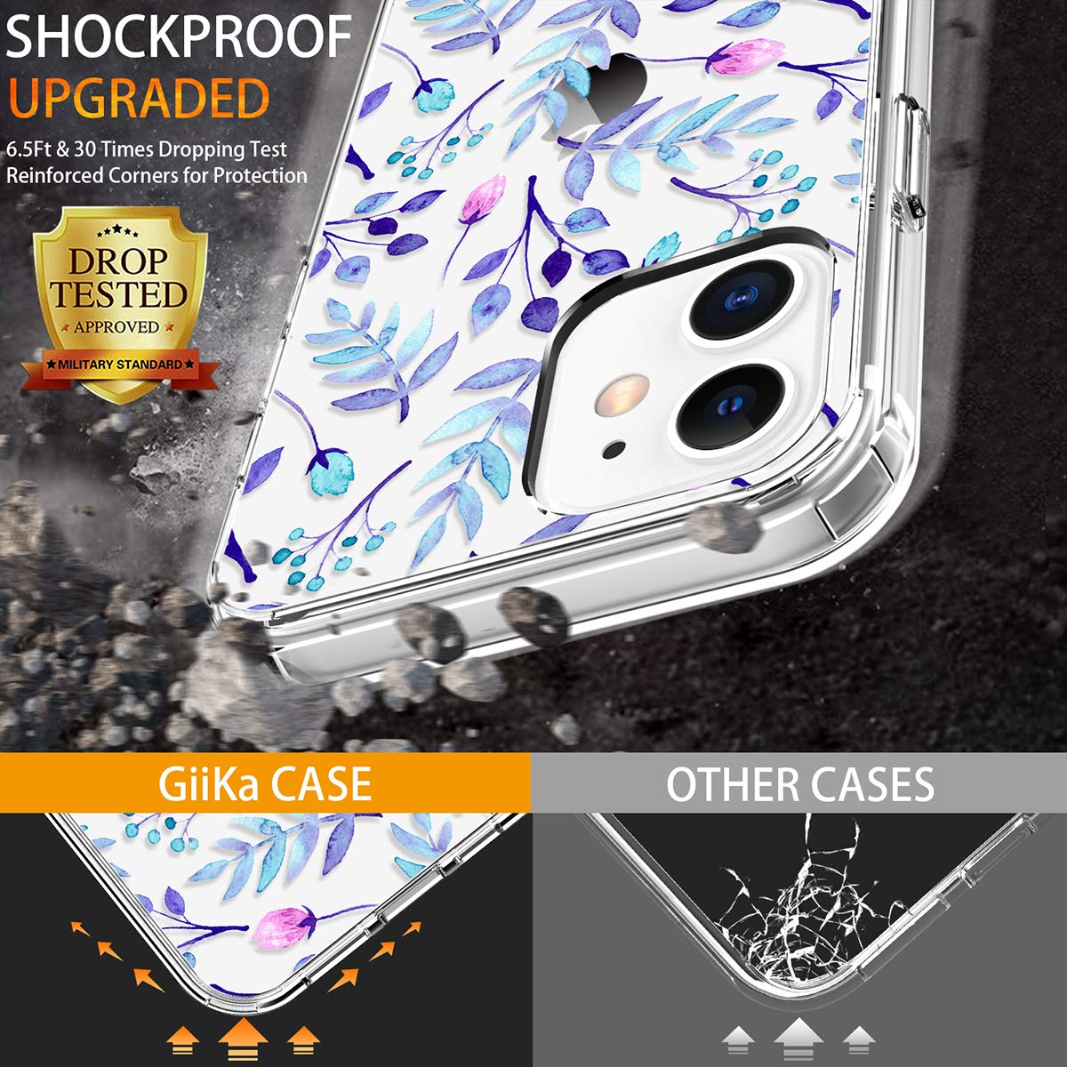 GiiKa Clear Full Body Protective Case for iPhone 12 & iPhone 12 Pro - Shockproof Hard Cover with TPU Bumper, Blue Floral Design - Perfect for Women & Girls, Everyday Use & Gift Giving