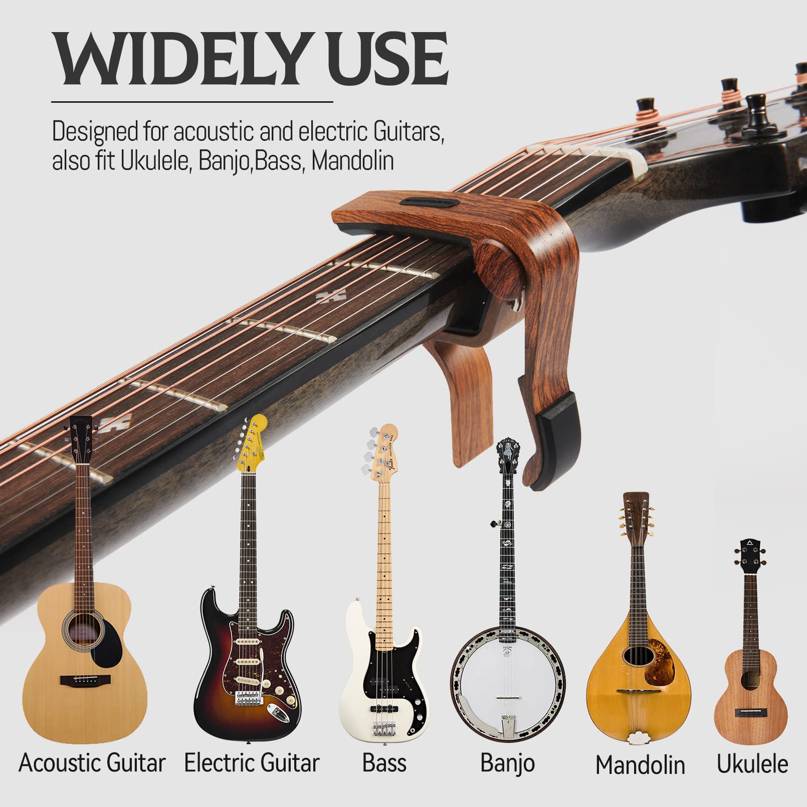 Premium Rosewood Guitar Capo with Pick Holder - Compatible with Acoustic, Electric Guitar, Ukulele, Bass & Banjo - Includes Free Guitar Picks - Perfect for Live Performances, Studio Recording & Practice Sessions