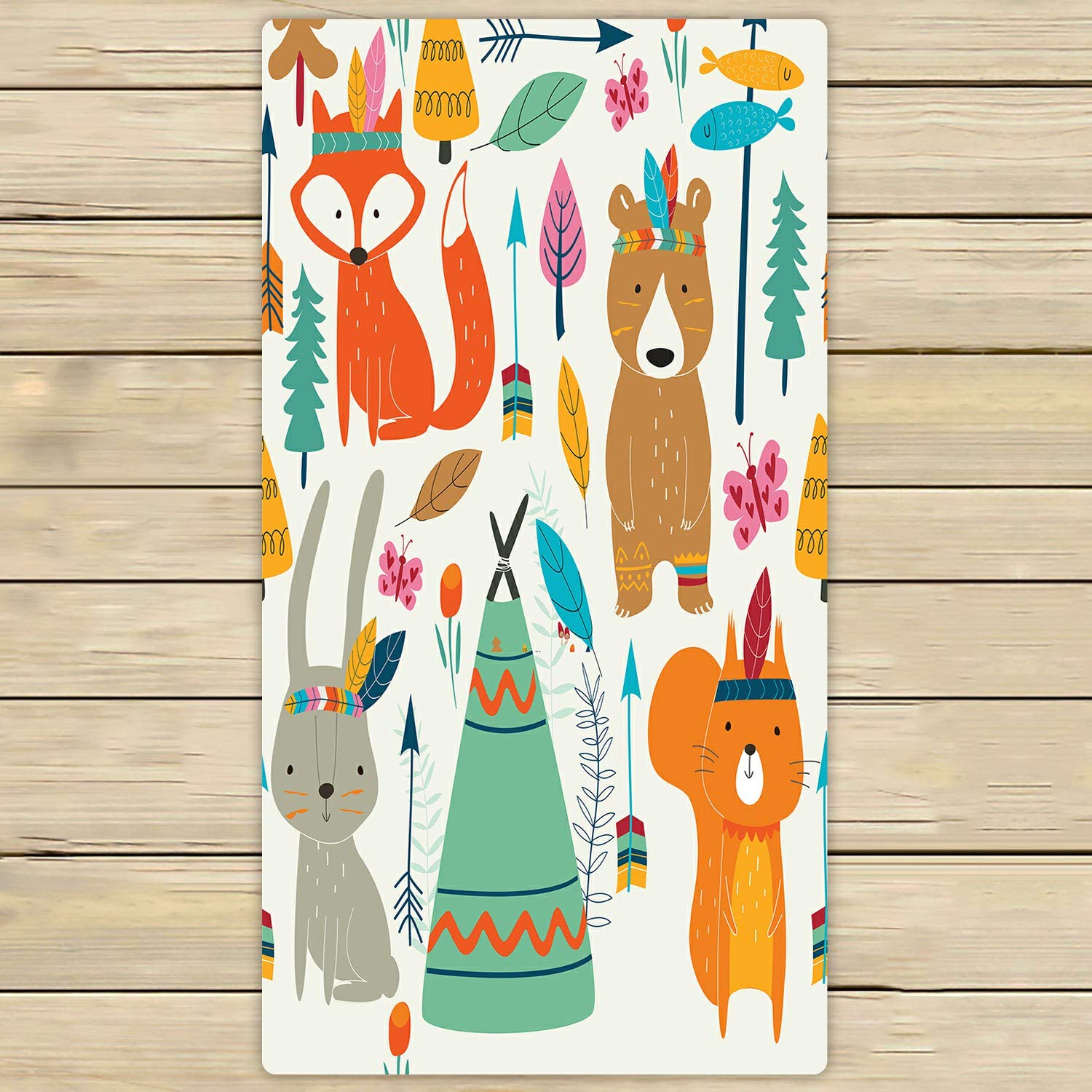 Cute Woodland Tribal Animal Cartoon Beach Towel - Soft Absorbent Bath & Shower Towel for Home, Travel, Pool, Gym - 30x56 Inches - Perfect for Outdoor Adventures, Beach Trips & Cozy Home Use