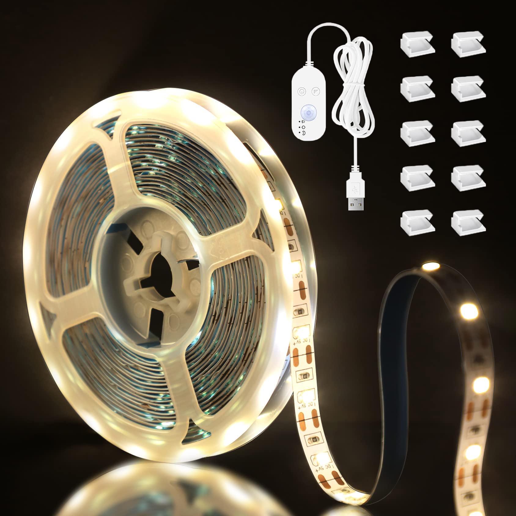 Kanemc 16.4ft Motion Sensor LED Strip Lights - Warm White USB-Powered Rope Lighting with Day/Night Modes, Dimmable & Cuttable Design + 10 Free Cable Clips - Perfect for Under Cabinet Lighting, Bedroom Decor, and Staircase Safety