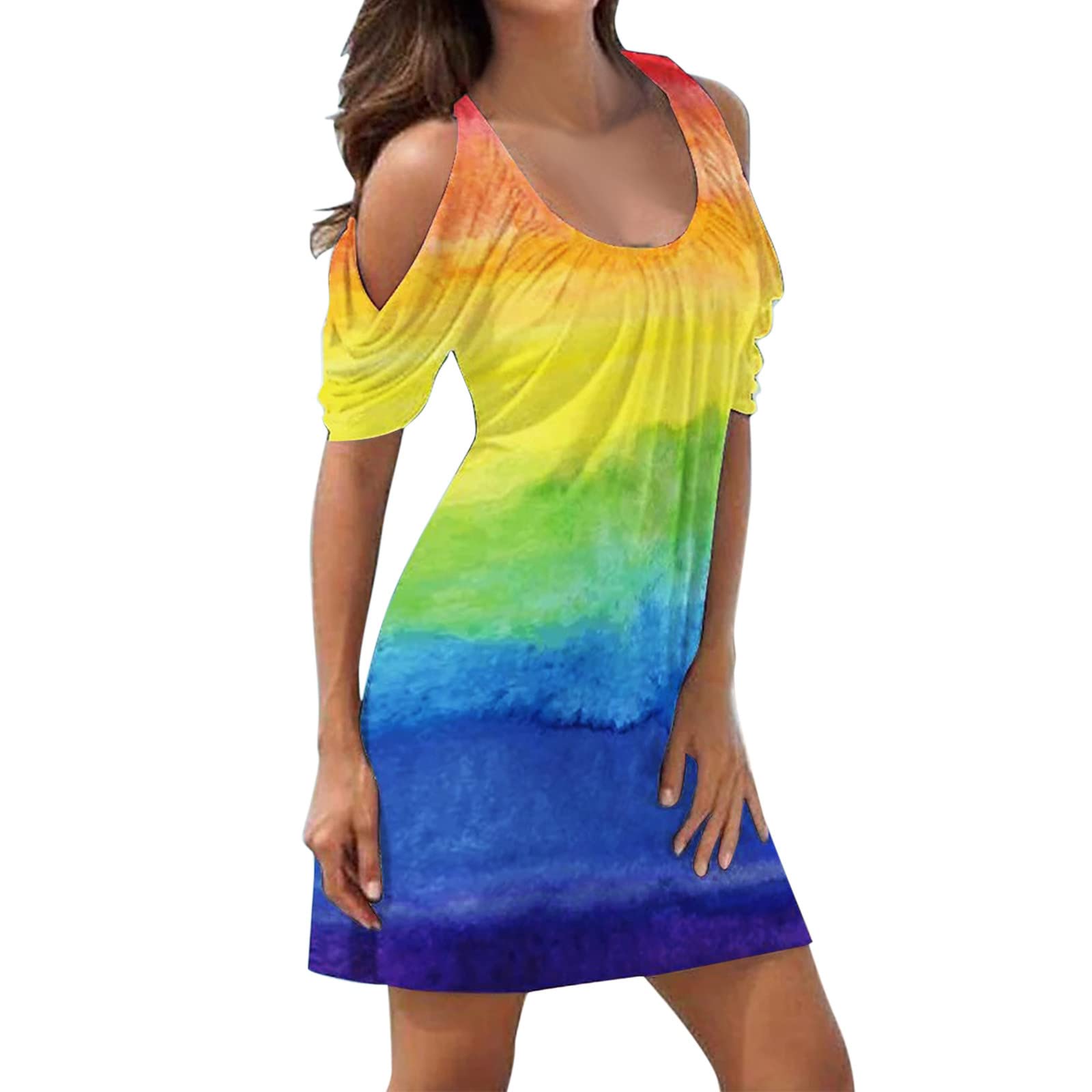 iQKA Women's Summer Short Sleeve Cold Shoulder Bohemian Print Mini Dress - Casual Beachwear & Vacation Outfit for Women