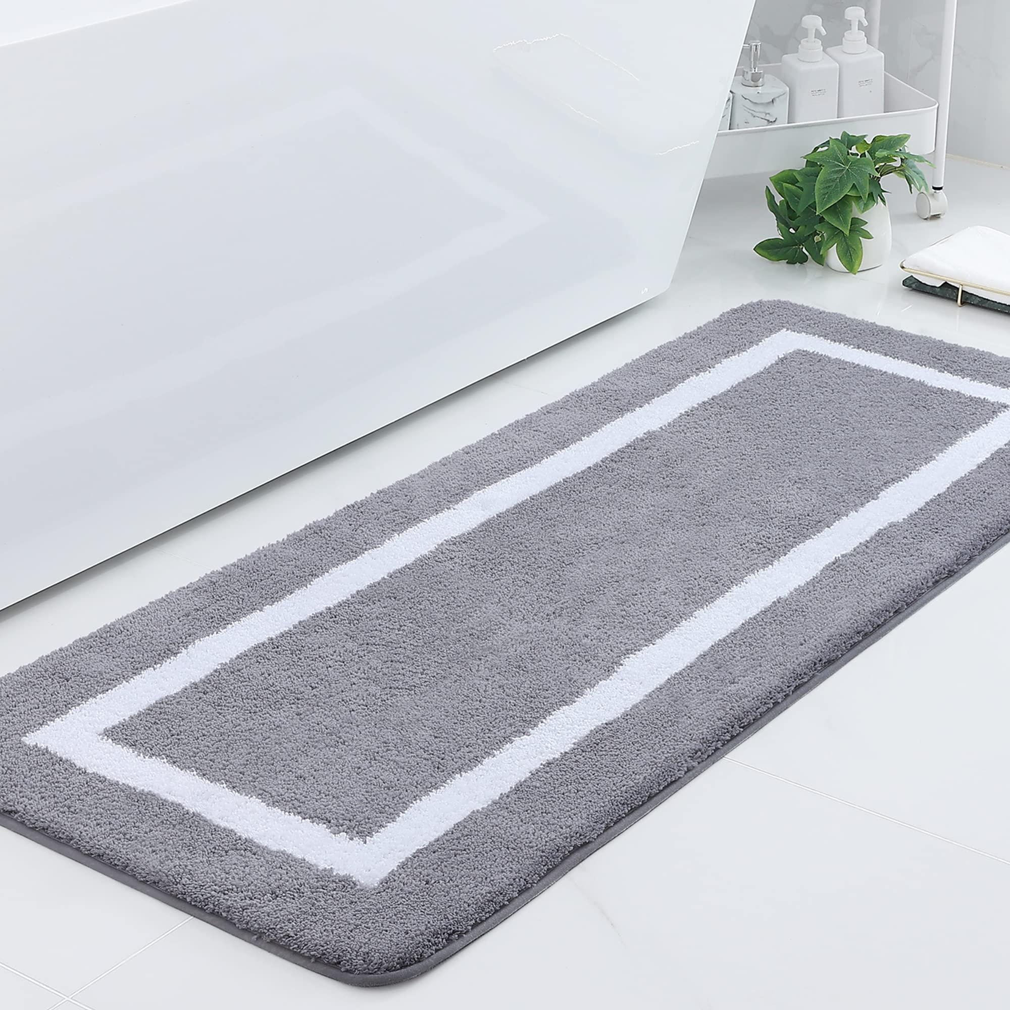 Kitinjoy Luxury Large Bathroom Rugs 24x59 Inches - Ultra Soft Microfiber Bath Mat, Machine Washable & Quick Dry, Non-Slip Absorbent Shaggy Rug for Tub, Shower & Bathroom - Grey & White - Perfect for Spa-Like Comfort & Bathroom Safety