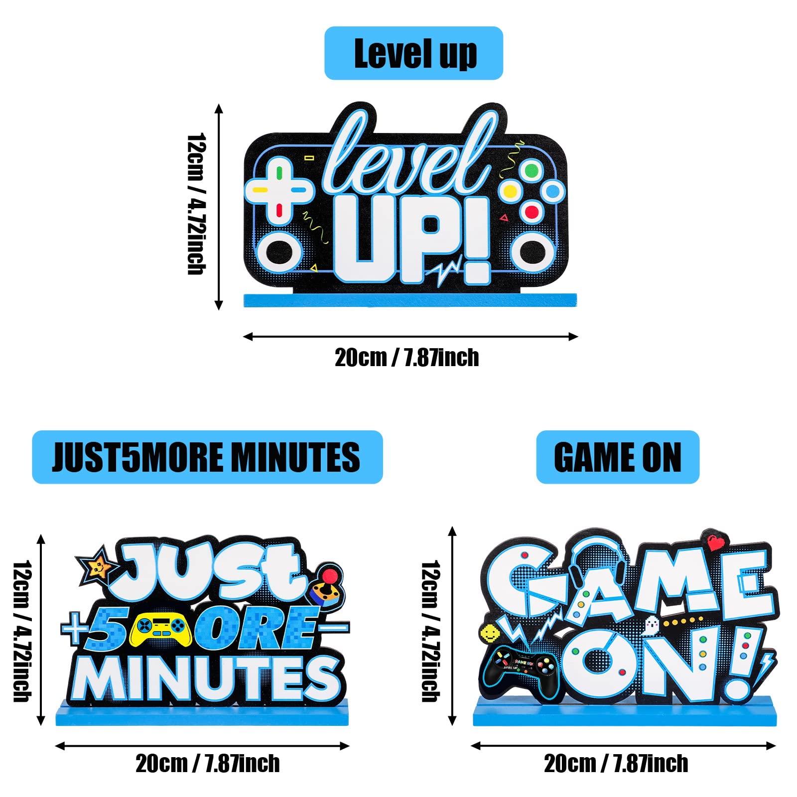 Frienda 3-Piece Wooden Video Game Party Decor Set - Level Up Birthday Centerpieces with Pixelated Table Signs for Gamer Parties, Boys & Kids (Blue) | Perfect for Birthday Celebrations, Gaming Themed Events & Nerf Parties