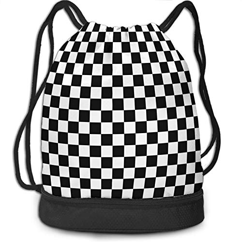 D-WOLVES Gym Drawstring Backpack for Women & Men - Lightweight Sports Sackpack with Shoe Compartment - Perfect for Running, Yoga, Beach, Travel, School, Swimming, Fitness & Skiing - Checkered Flag Design Athletic Cinch Bag