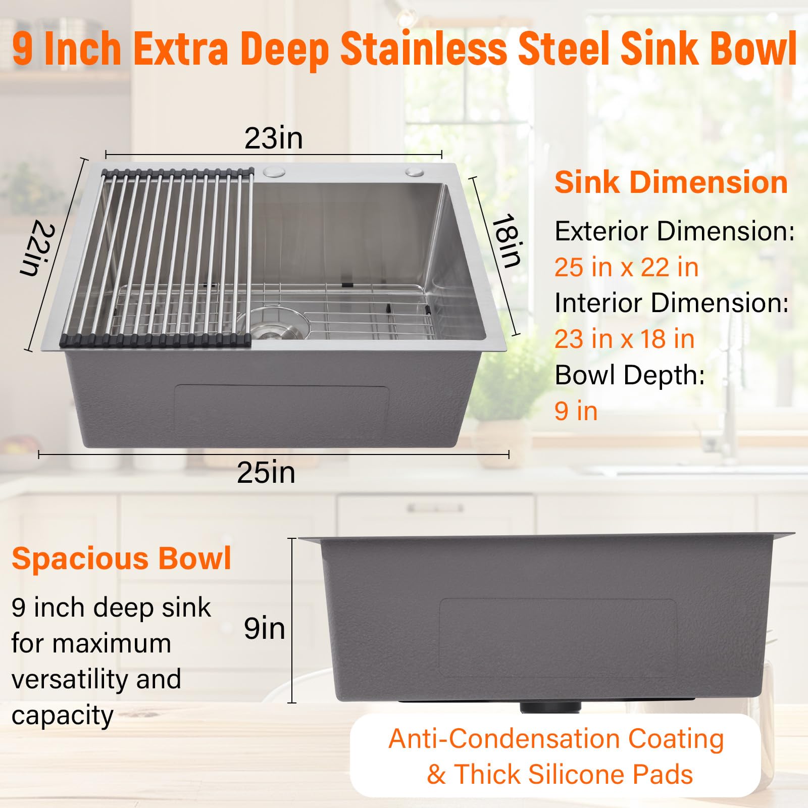25 x 22 Inch Stainless Steel Topmount Single Bowl Kitchen Sink - Drop In Deep Basin for Home, RV, Prep Kitchen & Bar | Durable & Easy to Clean for Daily Cooking & Dishwashing