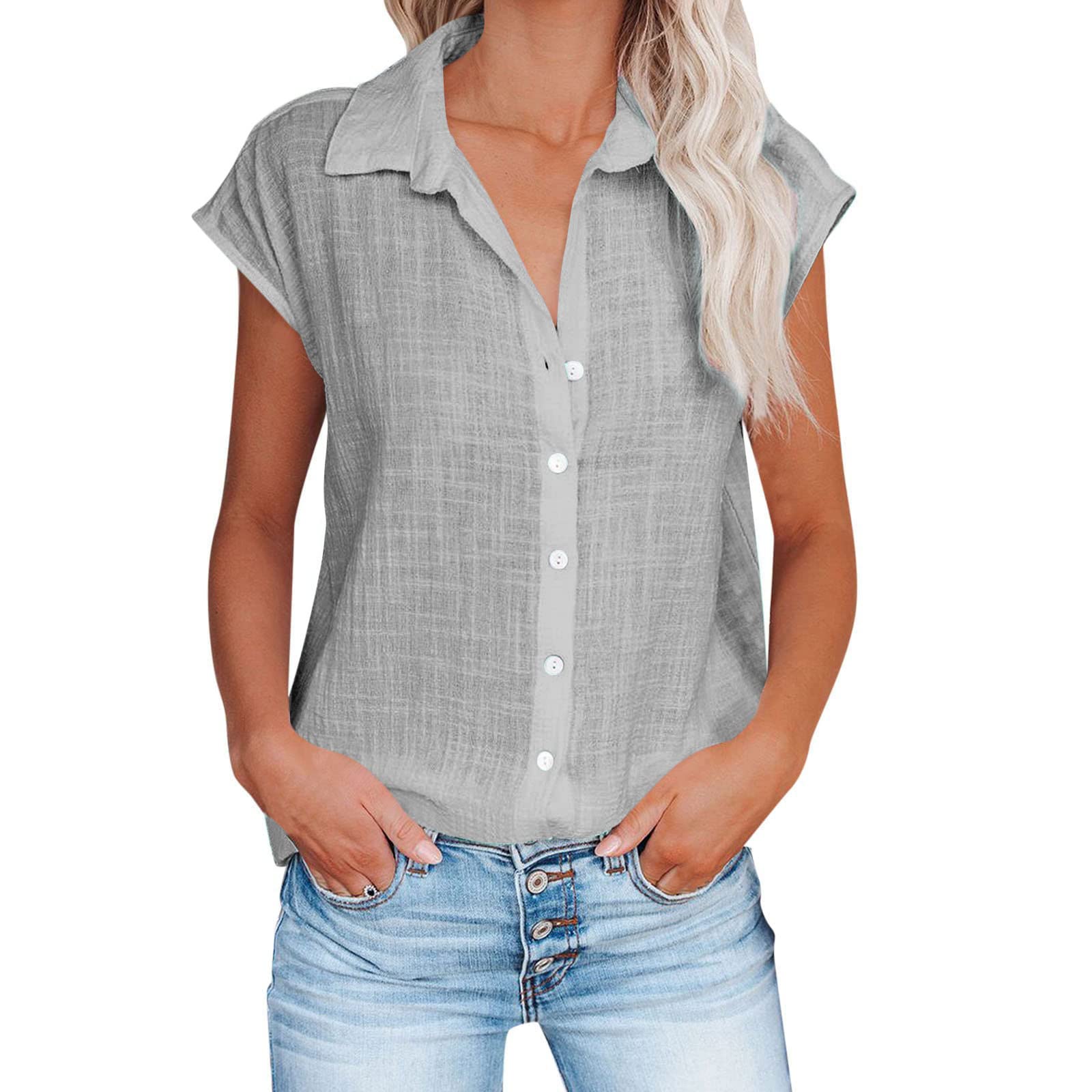 Trendy Women's Cotton Linen Short Sleeve Blouses - Loose Fit Casual & Dressy Tops for Summer 2024 - Perfect for Office, Beach & Weekend Outings