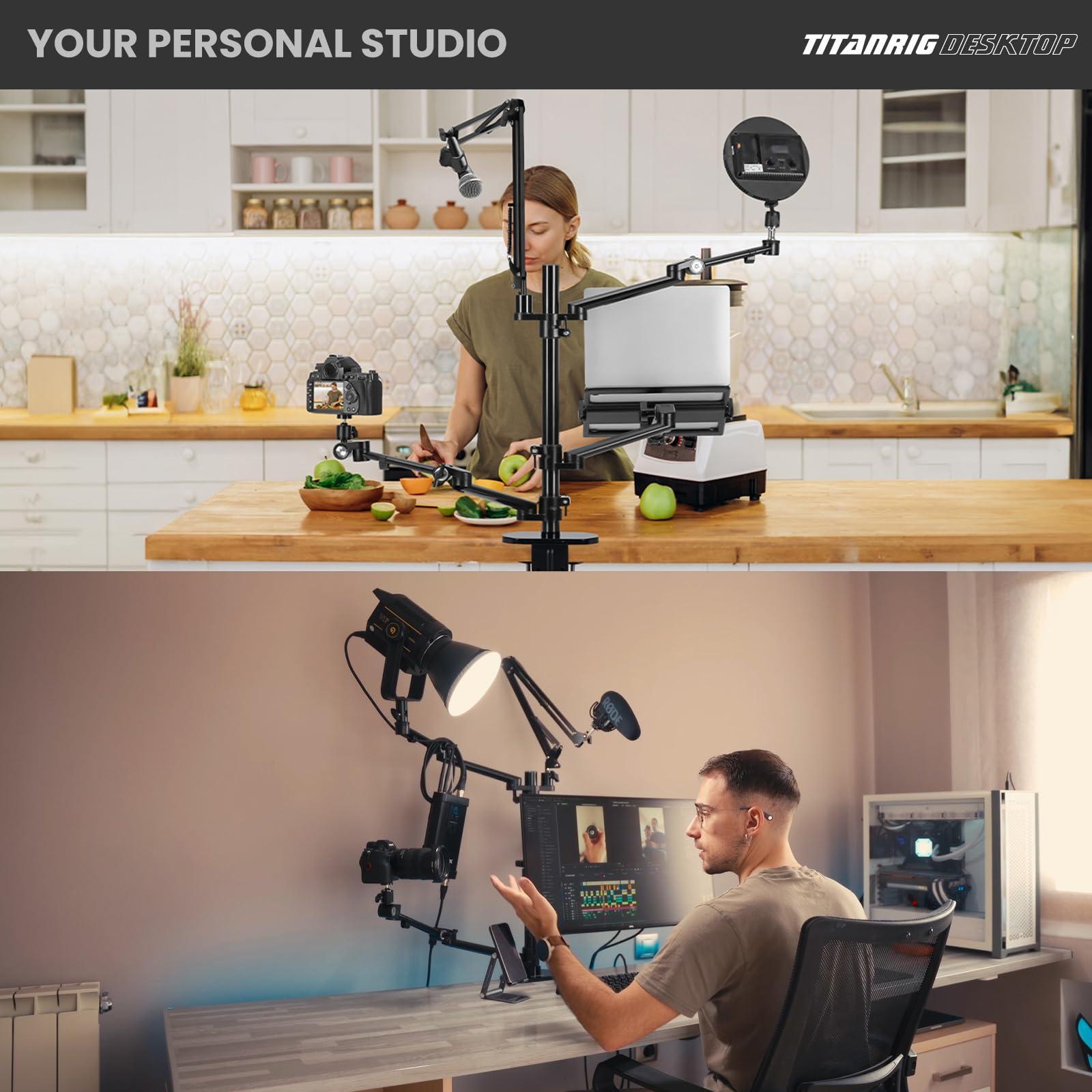 TARION 4-in-1 Adjustable Overhead Camera Arm Mount for Streaming - Desk Stand with Mic Boom & 3 Articulating Arms for DSLR Camera, Ring Light, Monitor & Laptop - Perfect for Live Streaming, YouTube Videos & Home Office Setup