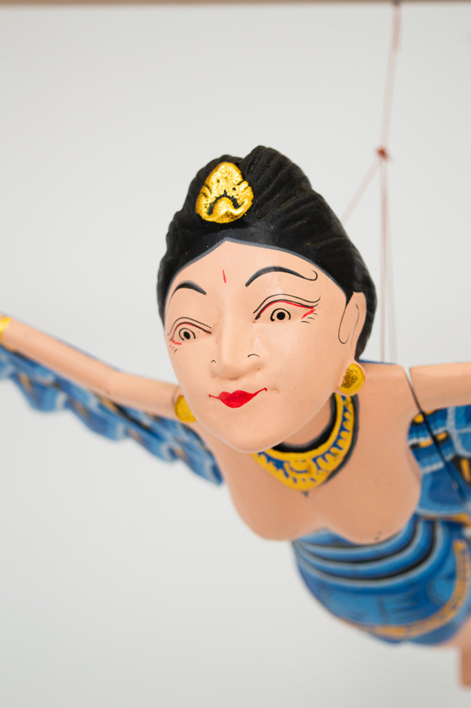 Blue Dewi Sri Goddess Flying Angel Hand Painted Sculpture - Handcrafted Hindu Statue for Home Altar, Yoga Studio Decor & Spiritual Gift