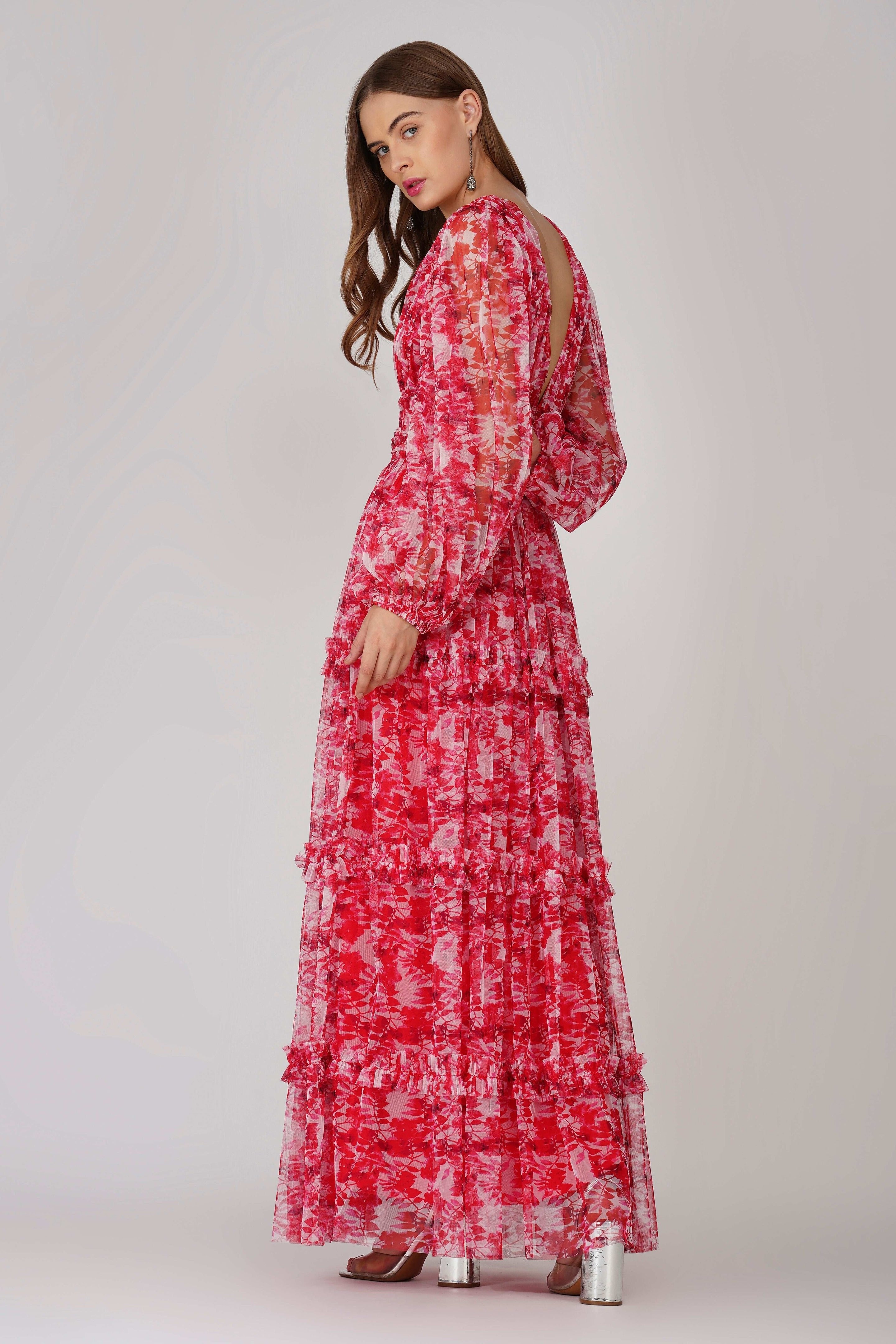 Lydia Women's Maxi Dress - Red Floral Print Long Summer Dress for Beach, Vacation & Casual Wear | Plus Size Options Available