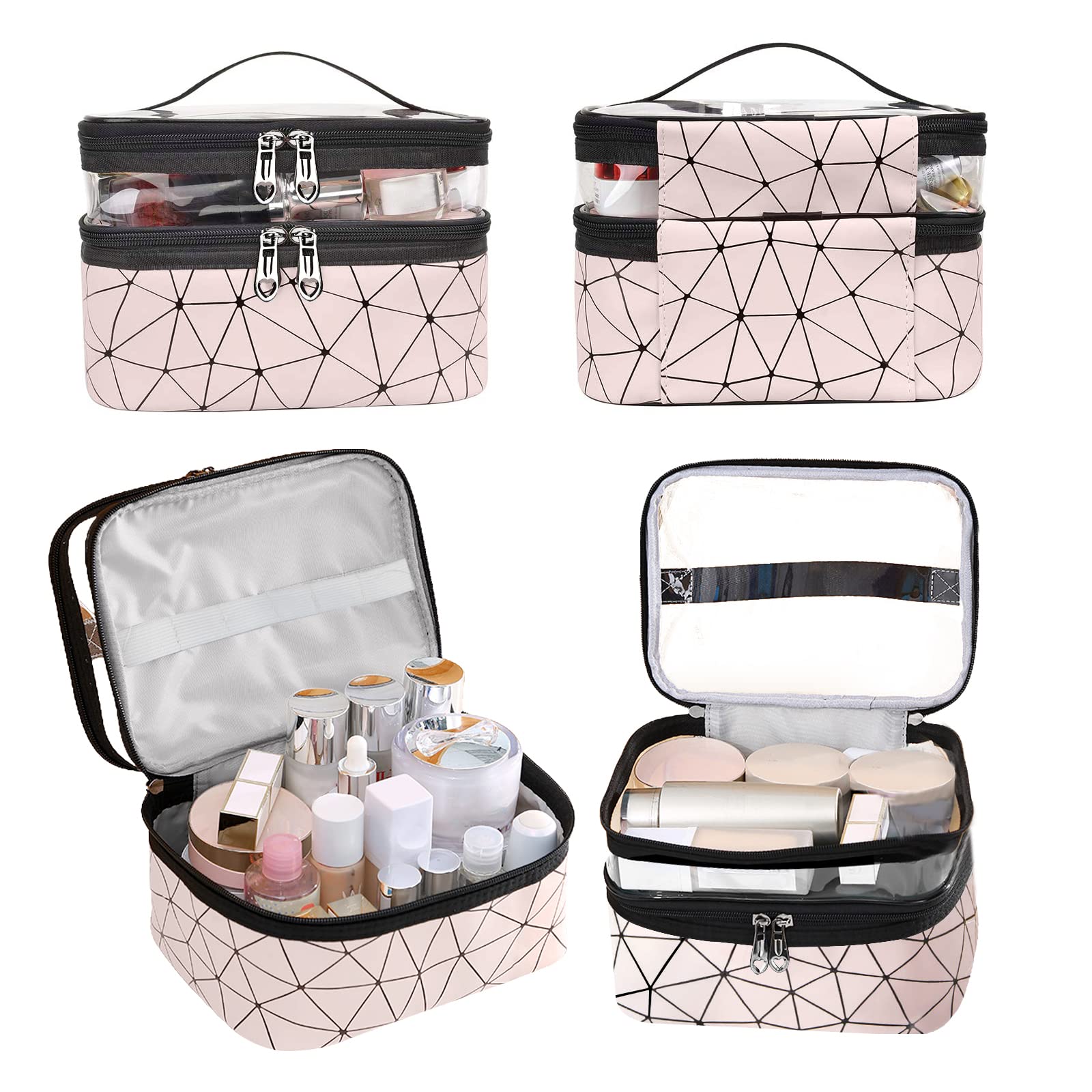 Large Capacity Travel Cosmetic Bag - Double Layer Waterproof Makeup Organizer with Multiple Compartments | Portable Toiletry Bag for Women | Perfect for Vacation, Gym & Daily Use (Pink)