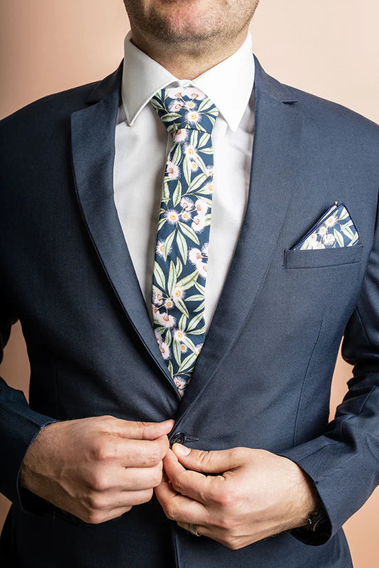 Premium Navy Blue Silk Tie for Men - Elegant Flowering Gum Pattern - Perfect for Weddings, Business Meetings & Formal Events