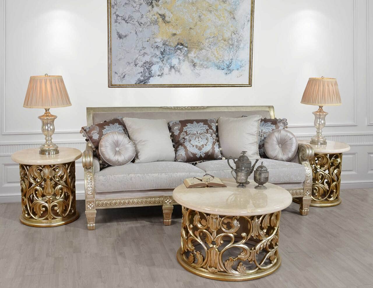 Round Coffee Table with Silver Platina Frame and Cream Marble Top - Modern Living Room Centerpiece for Home Decor