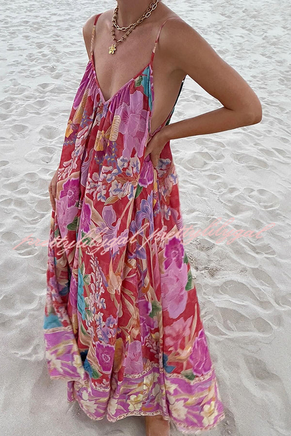 Boho Floral Print Strappy A-Line Maxi Dress for Women - Painter's Garden Style Summer Beach Dress, Perfect for Vacations, Weddings & Outdoor Parties